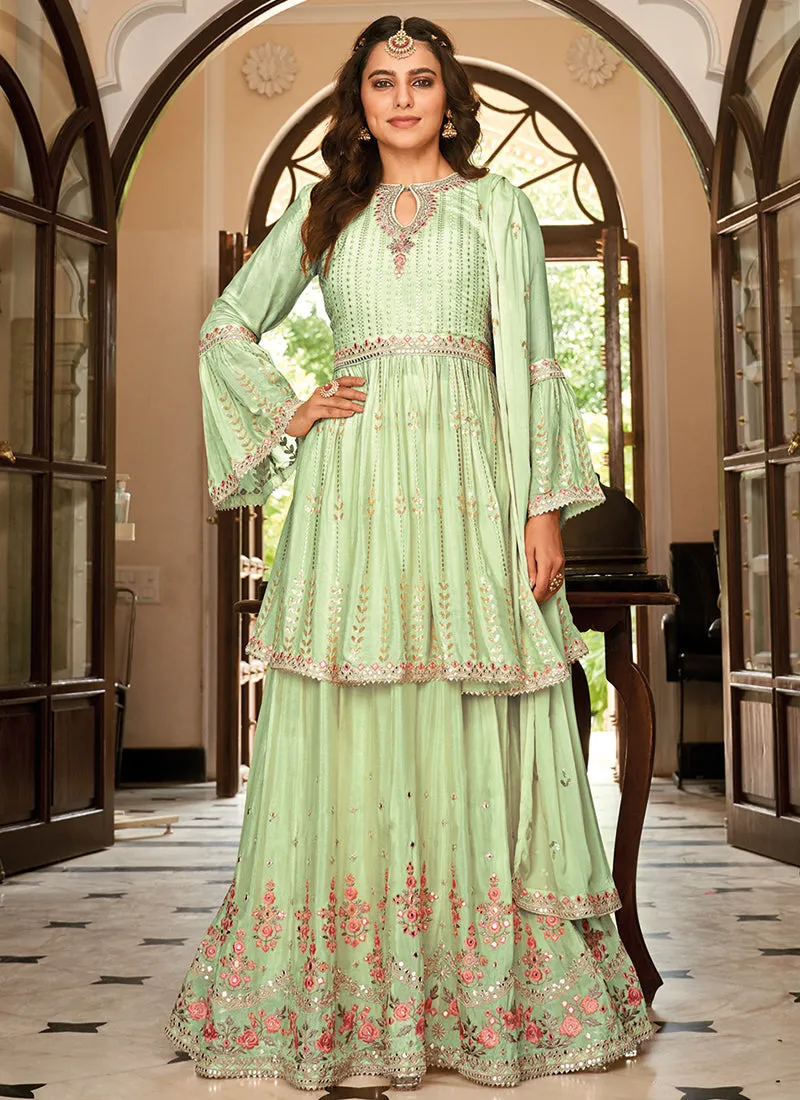 Mint Green Mirror Work Embroidery Anarkali Lehenga Suit