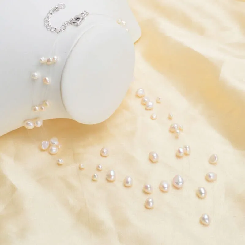 Multi Strand Genuine Floating Pearl Necklace, Bridal Minimalist Wedding Natural Pearl Necklace