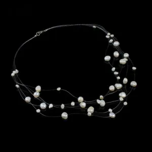 Multi Strand Genuine Floating Pearl Necklace, Bridal Minimalist Wedding Natural Pearl Necklace
