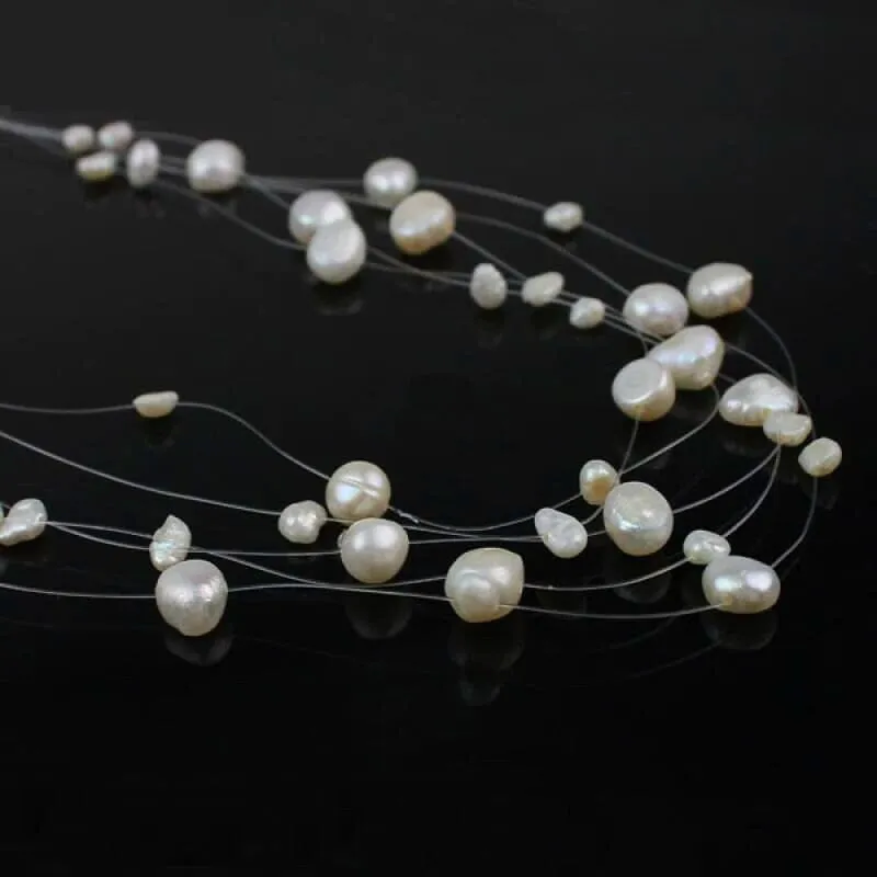 Multi Strand Genuine Floating Pearl Necklace, Bridal Minimalist Wedding Natural Pearl Necklace