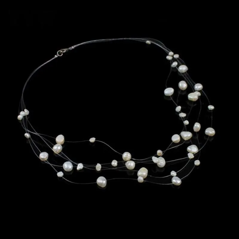 Multi Strand Genuine Floating Pearl Necklace, Bridal Minimalist Wedding Natural Pearl Necklace