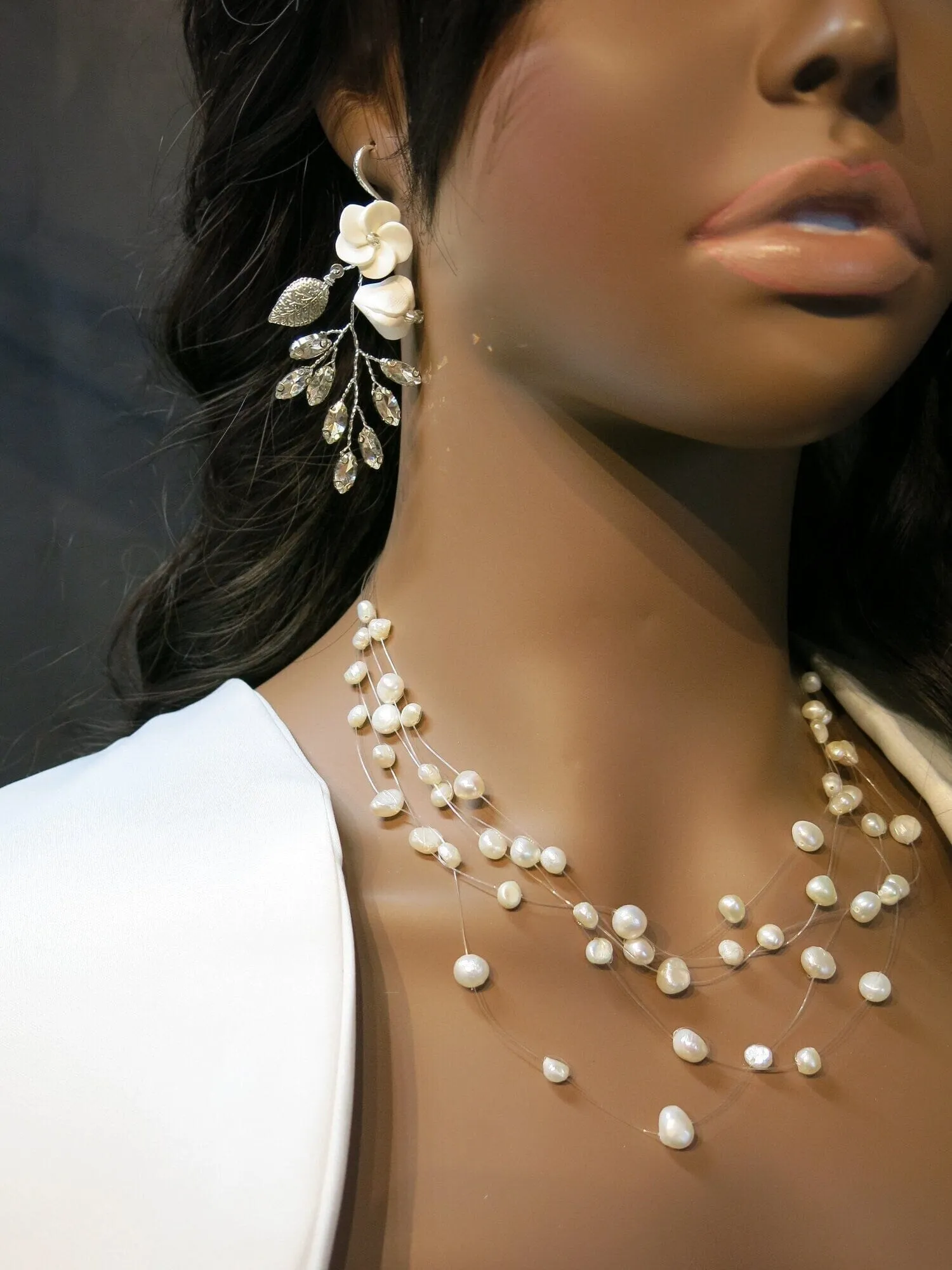 Multi Strand Genuine Floating Pearl Necklace, Bridal Minimalist Wedding Natural Pearl Necklace
