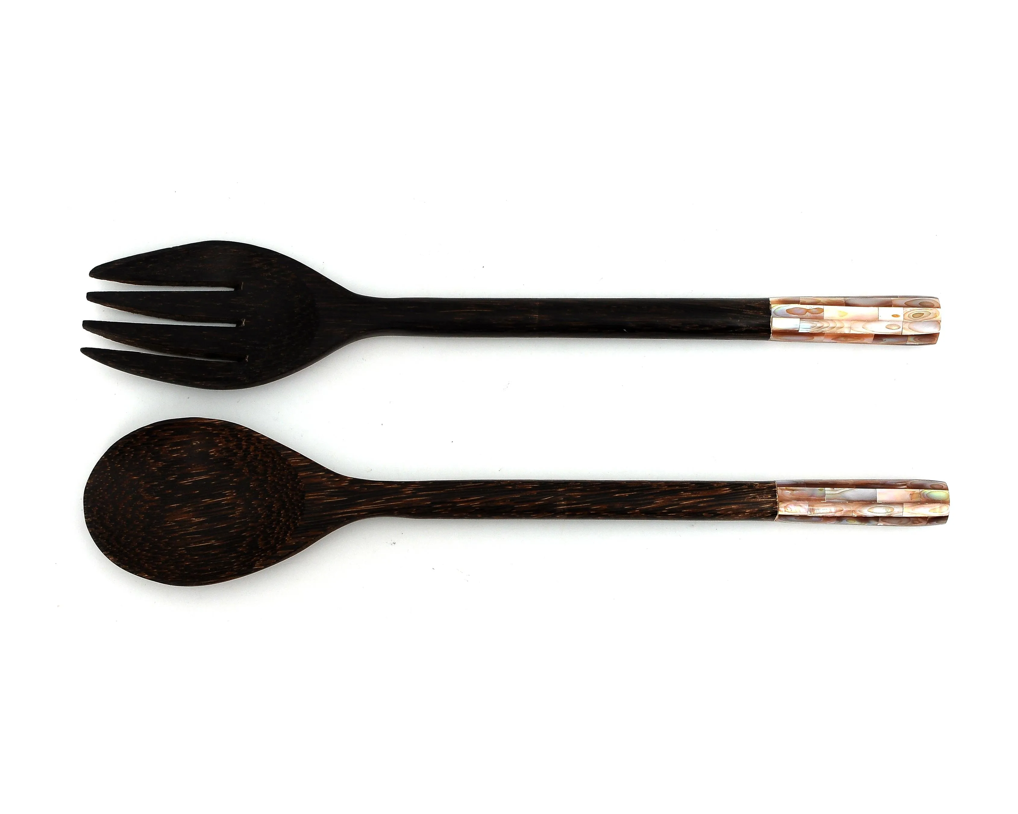Myanmar Palm Wood Salad Fork & Spoon With Mother of Pearl Inlay Round Handle