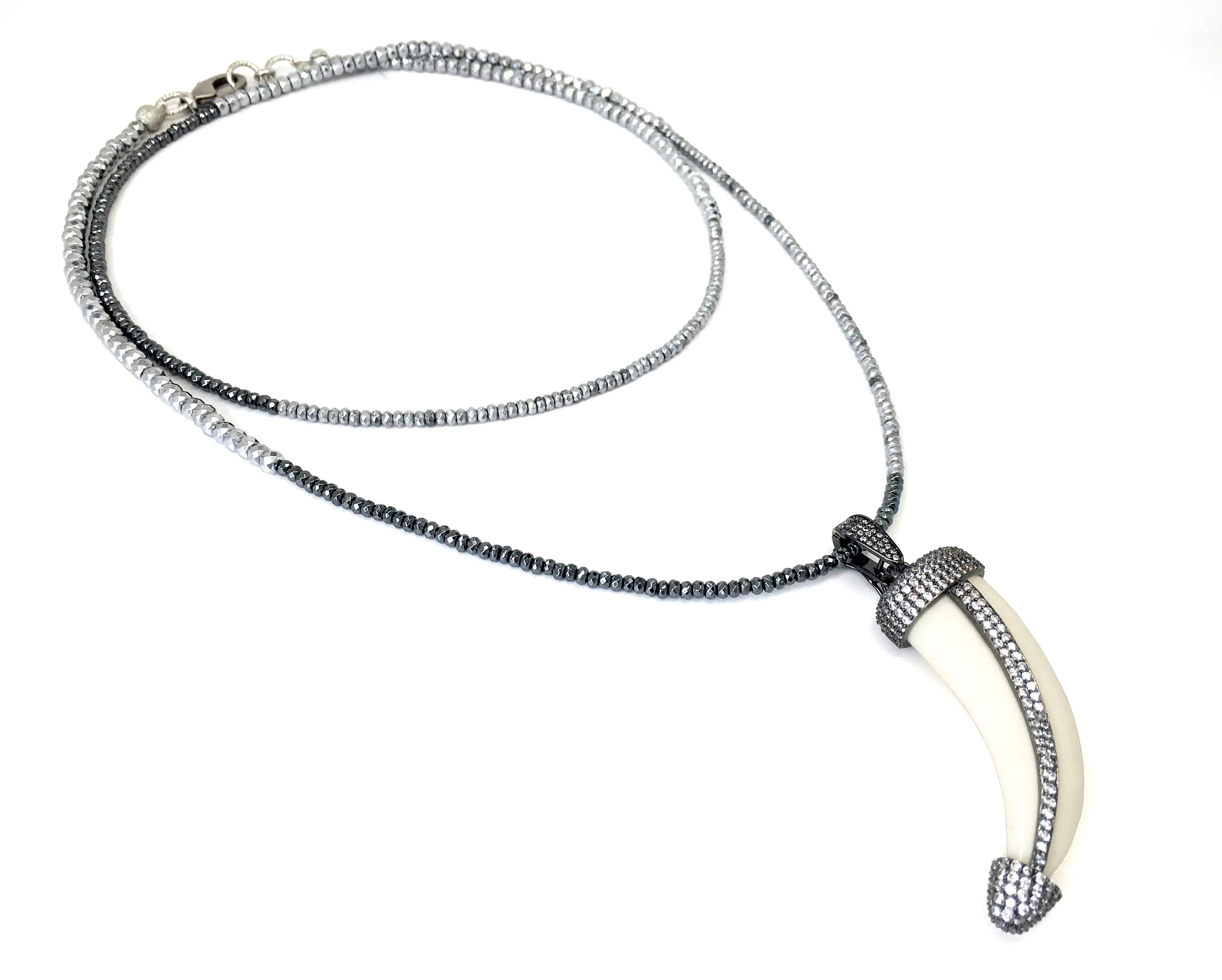 Neely Pave Horn Pendant on Silver & Gunmetal Necklace