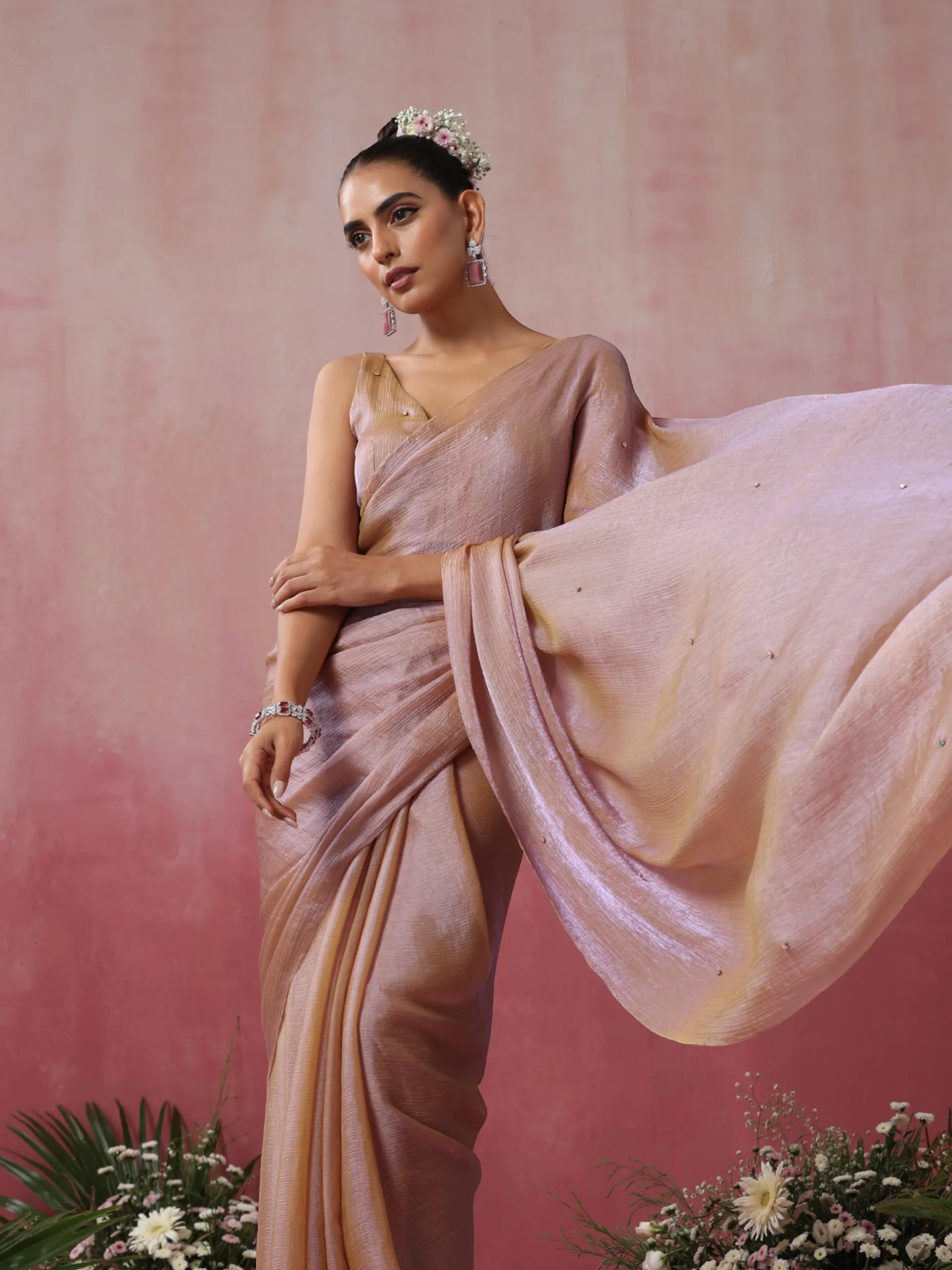 Nirvana Yellow and Lilac Metallic Satin Saree with Beads and Blouse Fabric