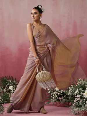 Nirvana Yellow and Lilac Metallic Satin Saree with Beads and Blouse Fabric