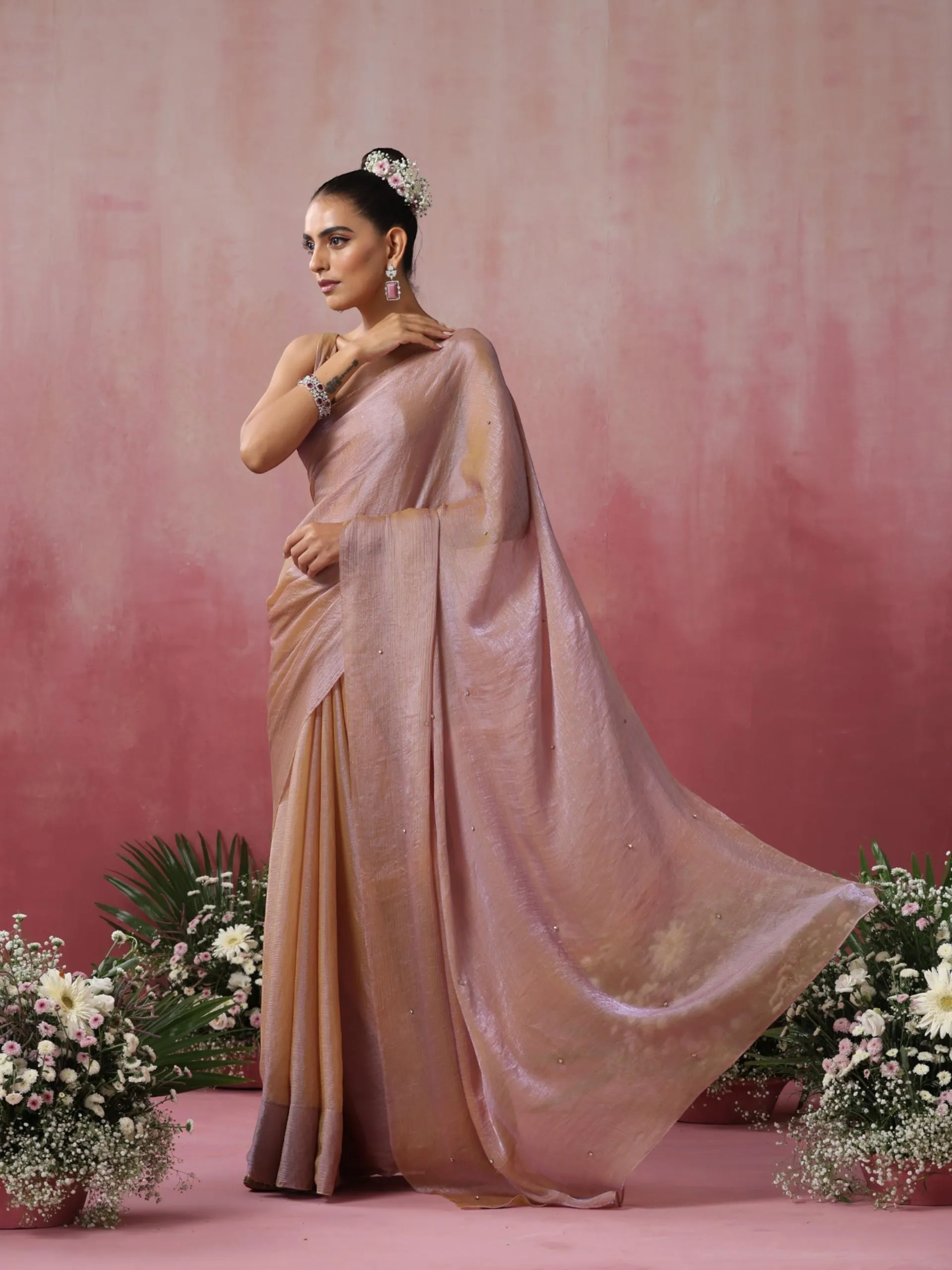 Nirvana Yellow and Lilac Metallic Satin Saree with Beads and Blouse Fabric