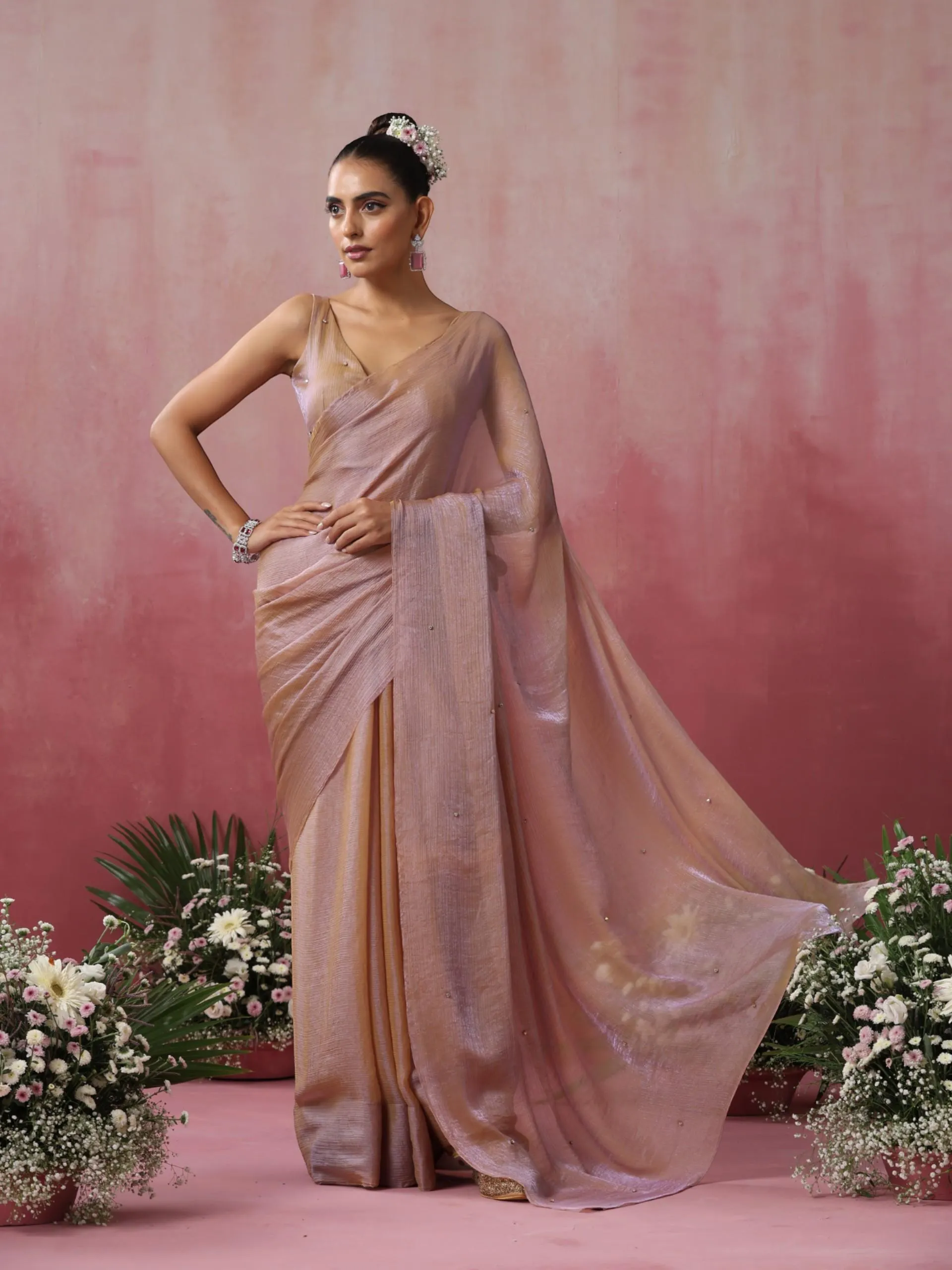 Nirvana Yellow and Lilac Metallic Satin Saree with Beads and Blouse Fabric