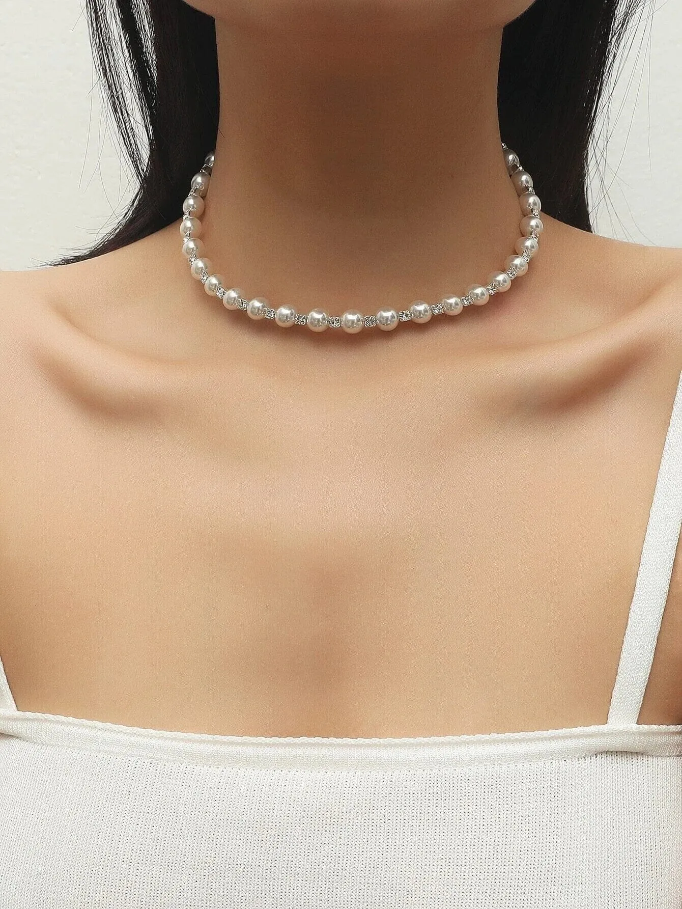 No Lock Silver Wire Tension Necklace, Bridal Minimalist Rhinestone and Pearl Flex Wire Choker Necklace
