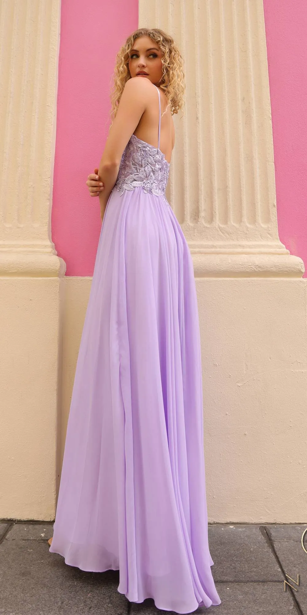 Nox Anabel C1462 Long A-Line Flowy Chiffon Embroidered Lace Dress