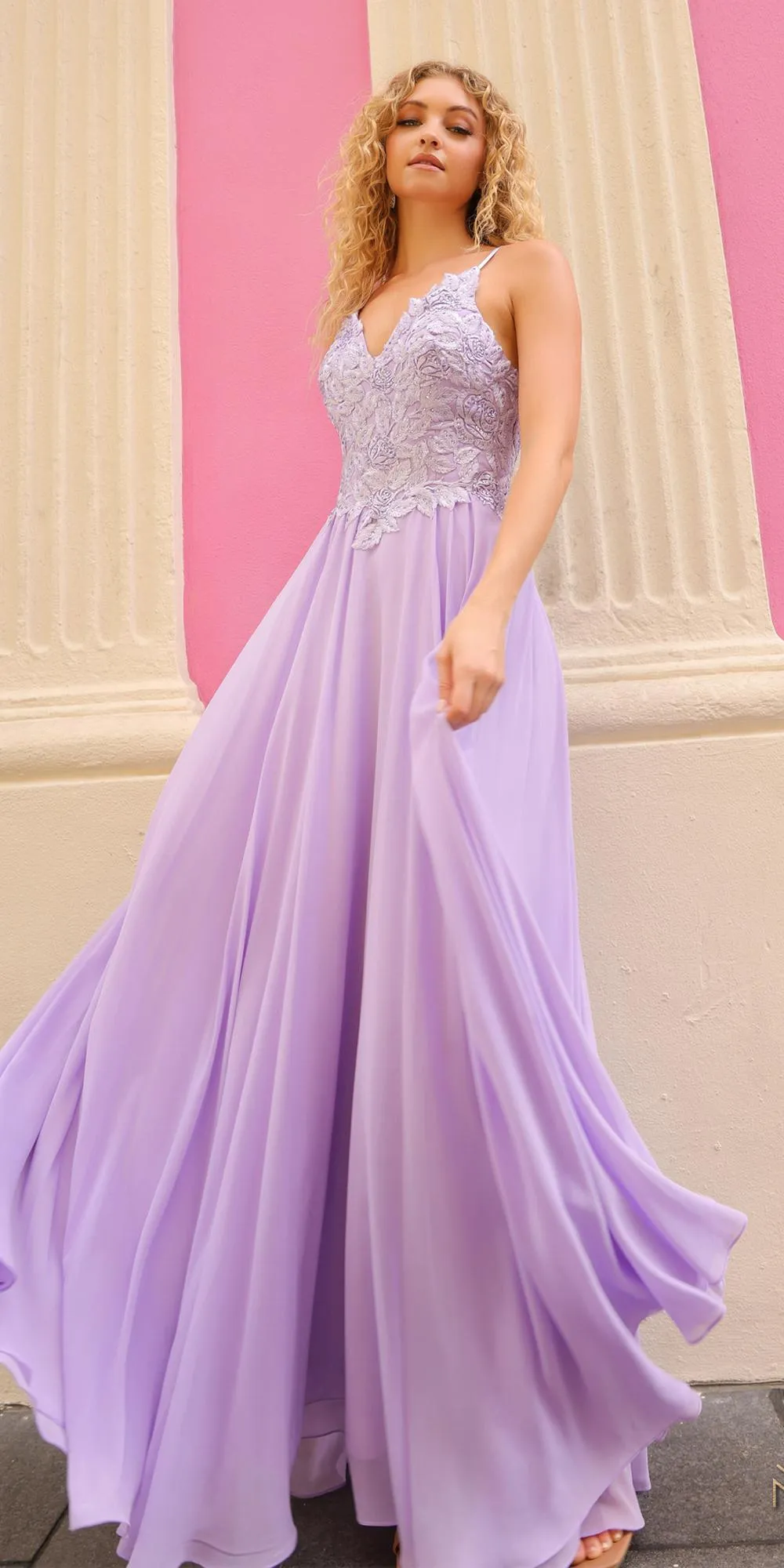 Nox Anabel C1462 Long A-Line Flowy Chiffon Embroidered Lace Dress