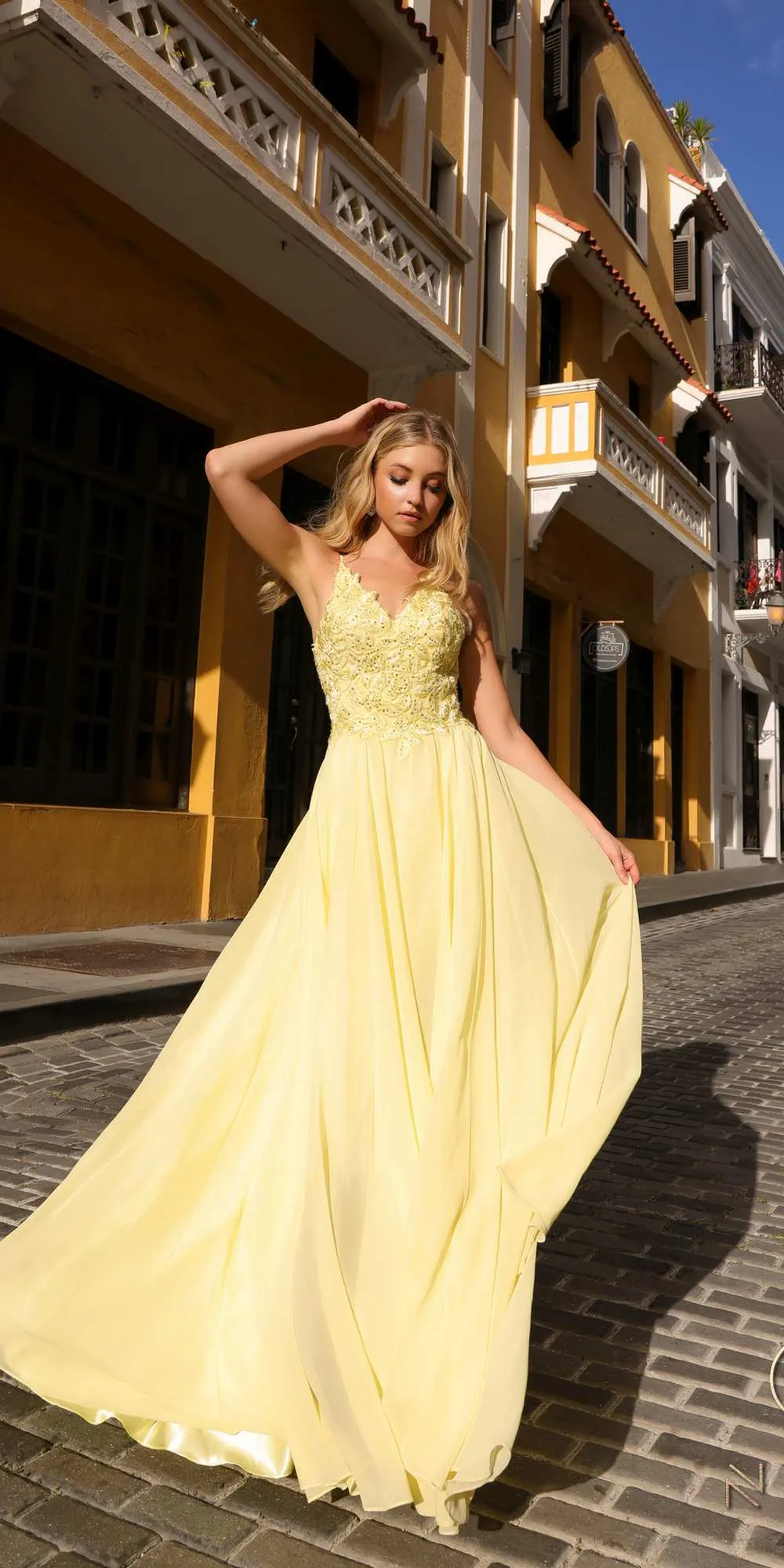 Nox Anabel C1462 Long A-Line Flowy Chiffon Embroidered Lace Dress