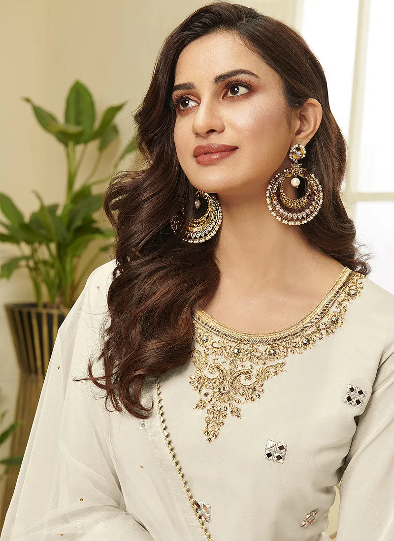 Off White Embroidered Designer Sharara Suit