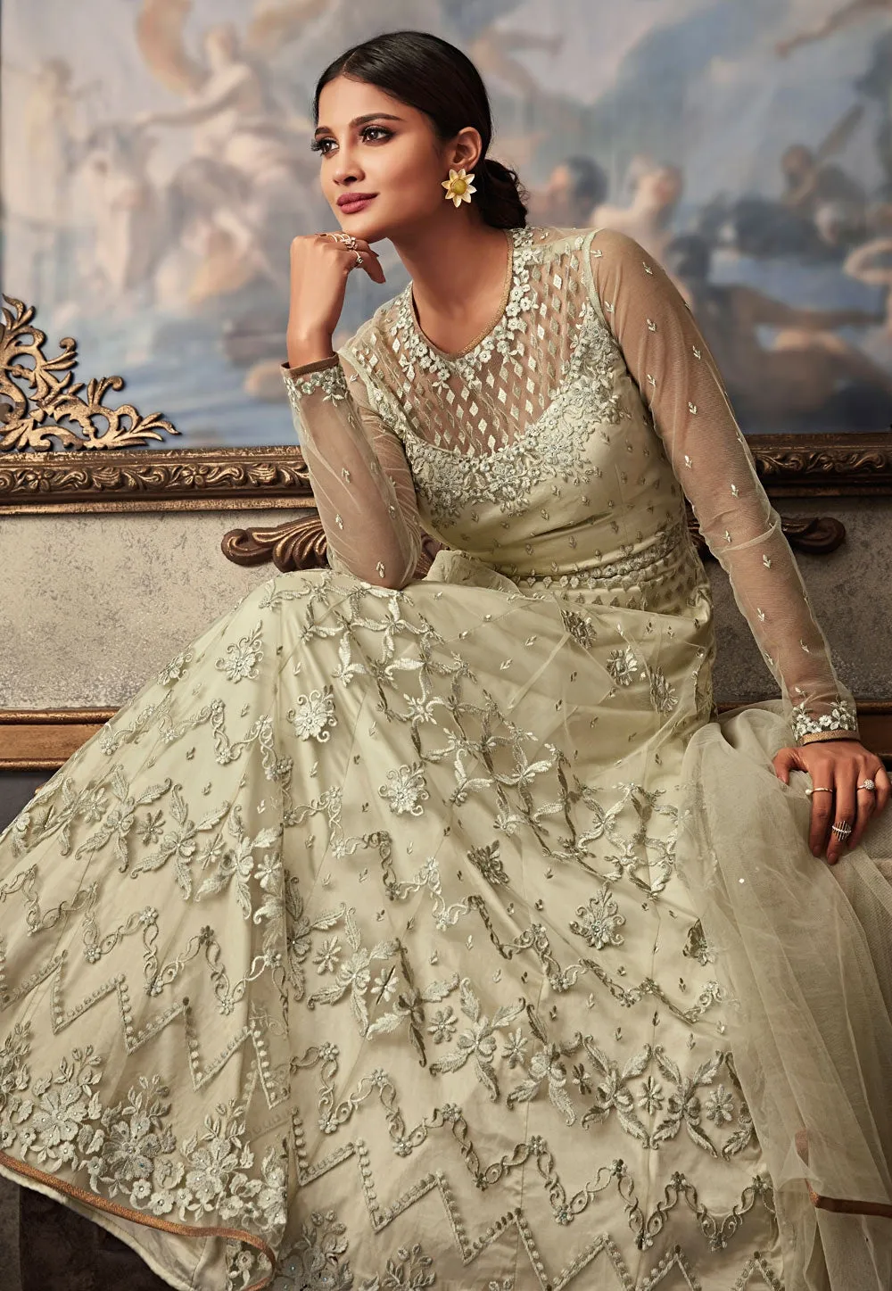 Off White Embroidered Flared Anarkali Gown Set