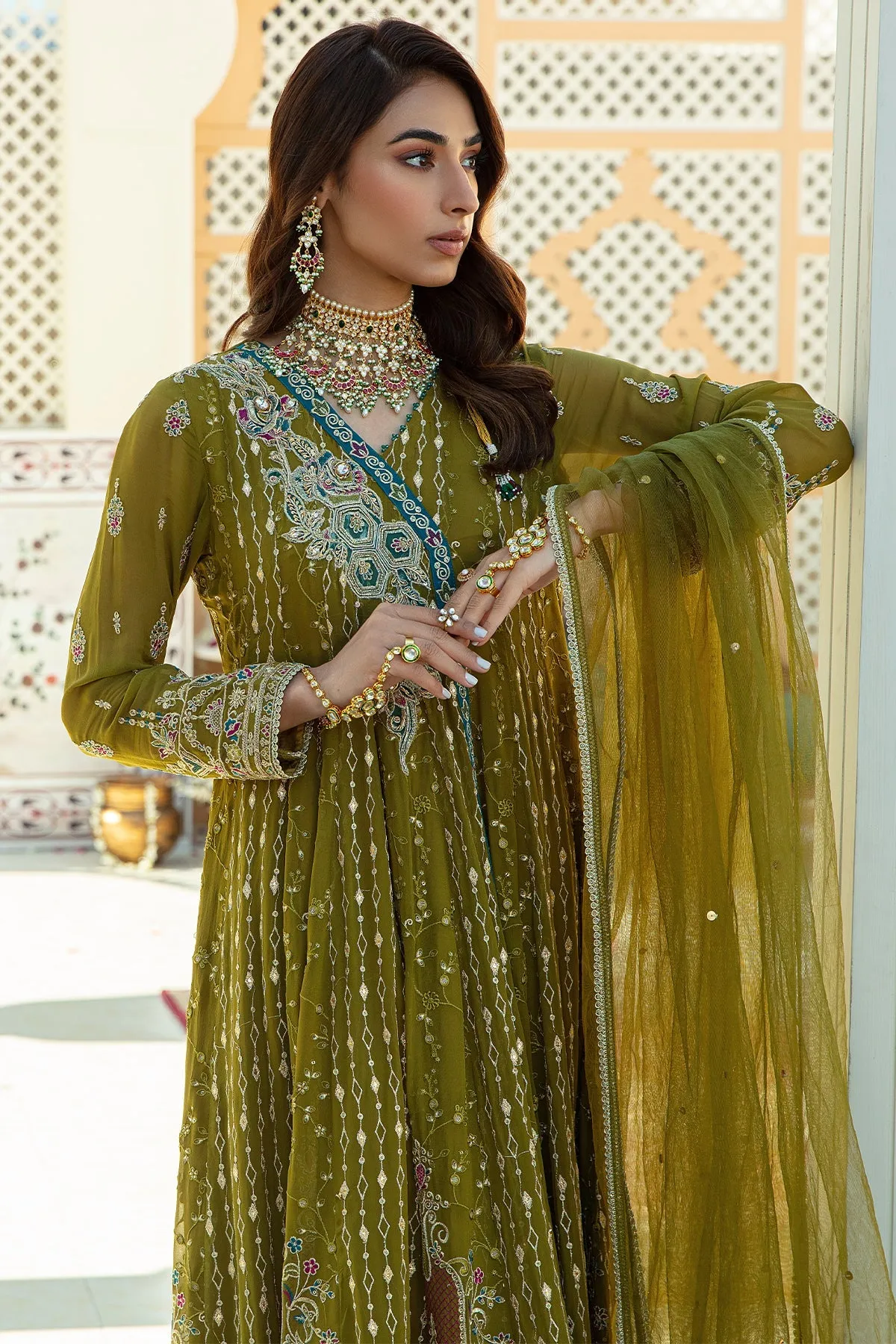 Olive Green Embroidered Pakistani Wedding Dress Pishwas Frock Style
