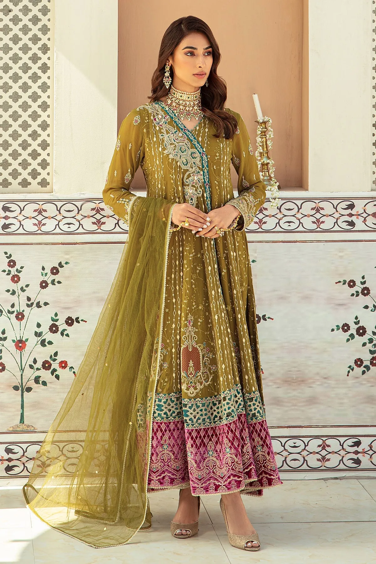 Olive Green Embroidered Pakistani Wedding Dress Pishwas Frock Style