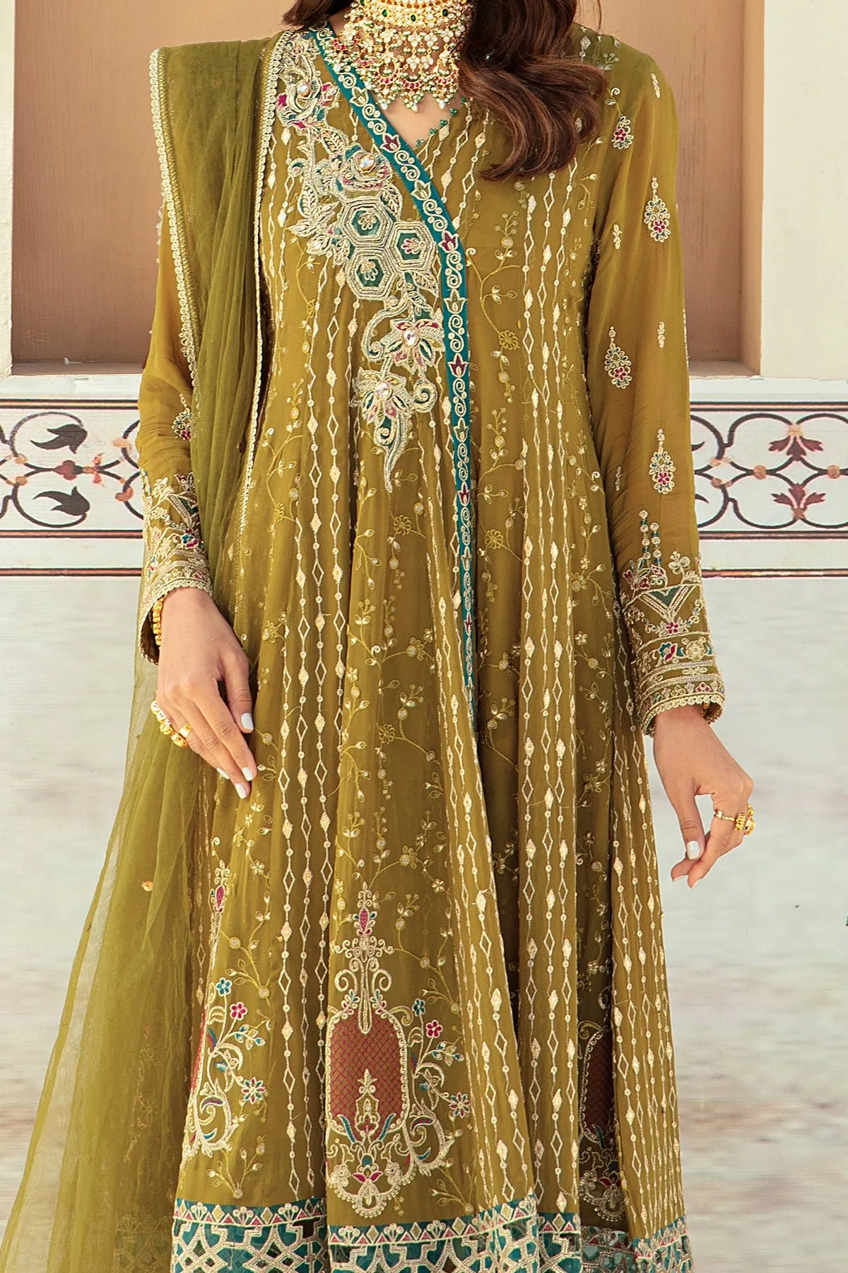 Olive Green Embroidered Pakistani Wedding Dress Pishwas Frock Style