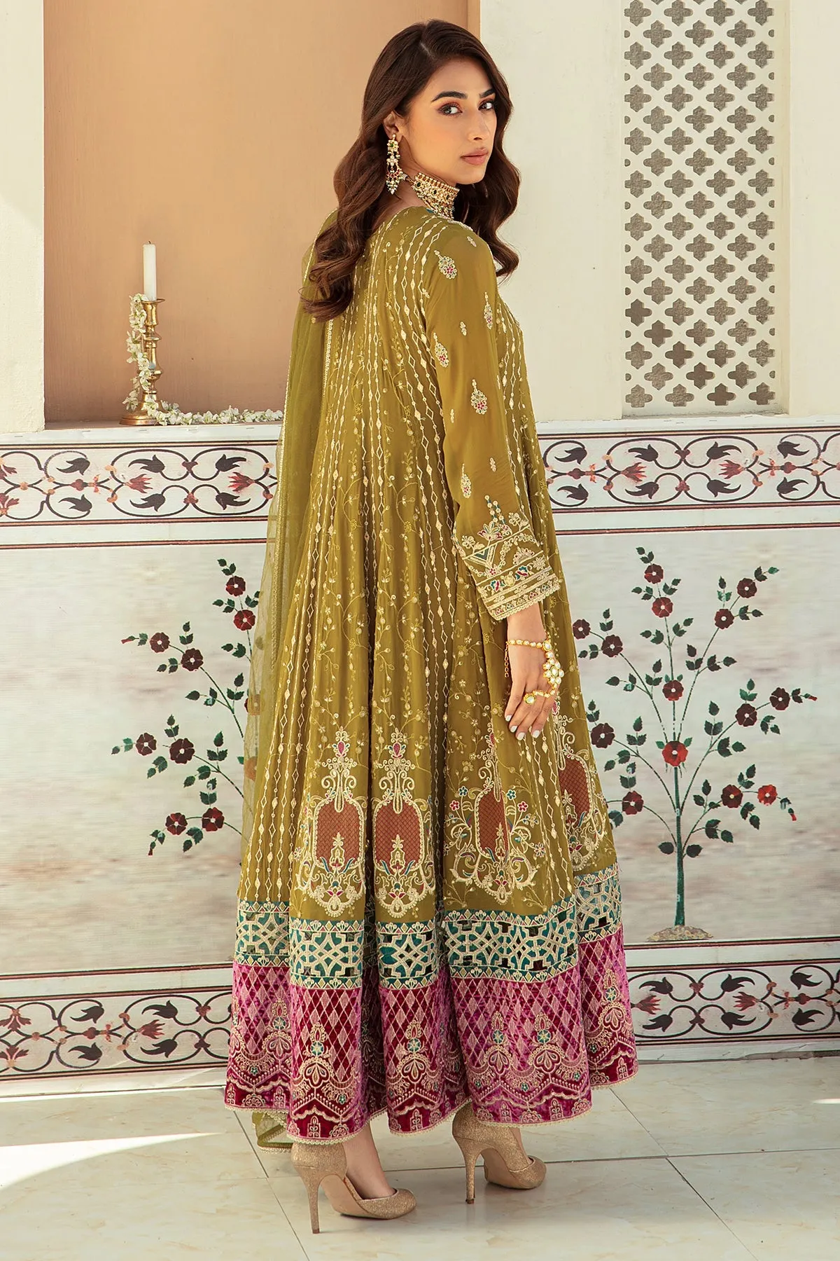 Olive Green Embroidered Pakistani Wedding Dress Pishwas Frock Style