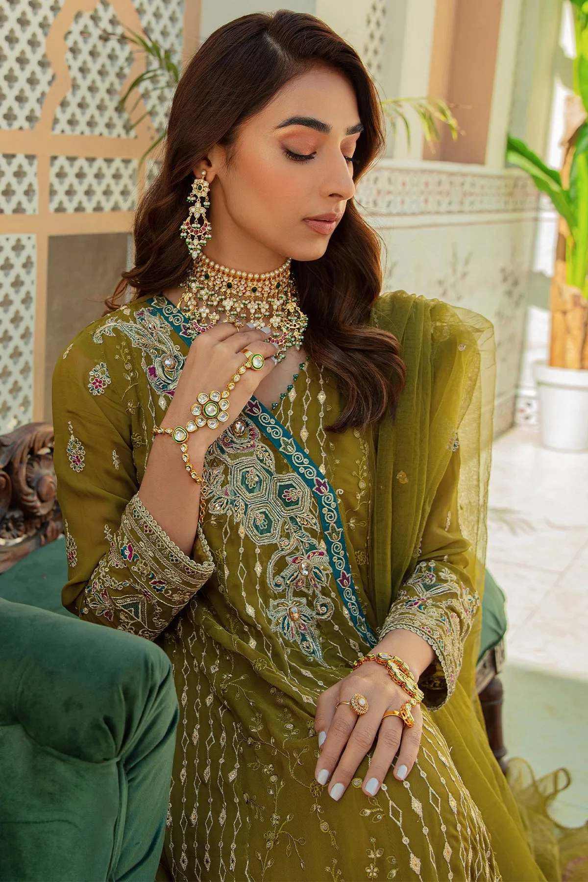 Olive Green Embroidered Pakistani Wedding Dress Pishwas Frock Style