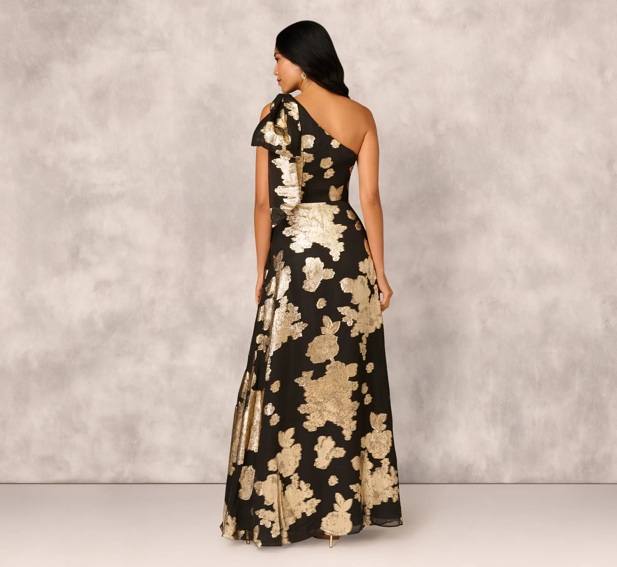 One Shoulder Jacquard Gown In Black Gold