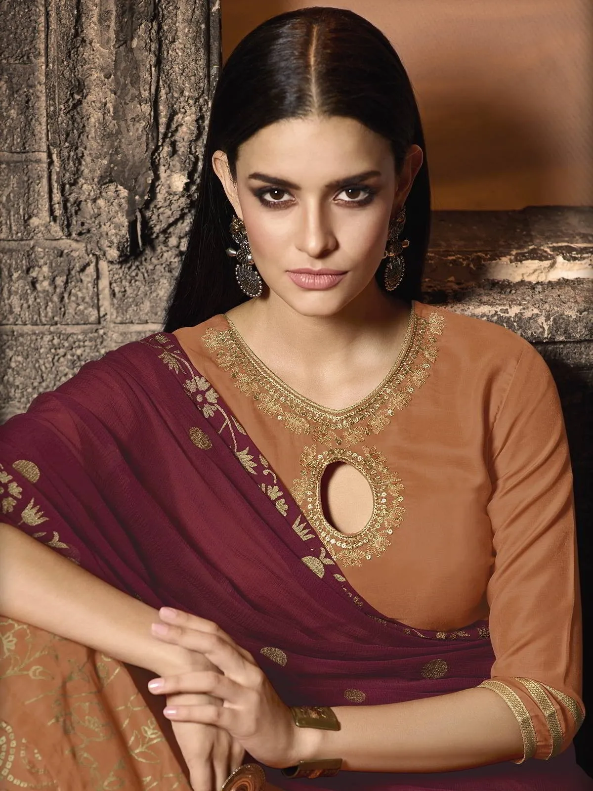 Orange And Maroon Zari Embroidered Pakistani Palazzo Suit