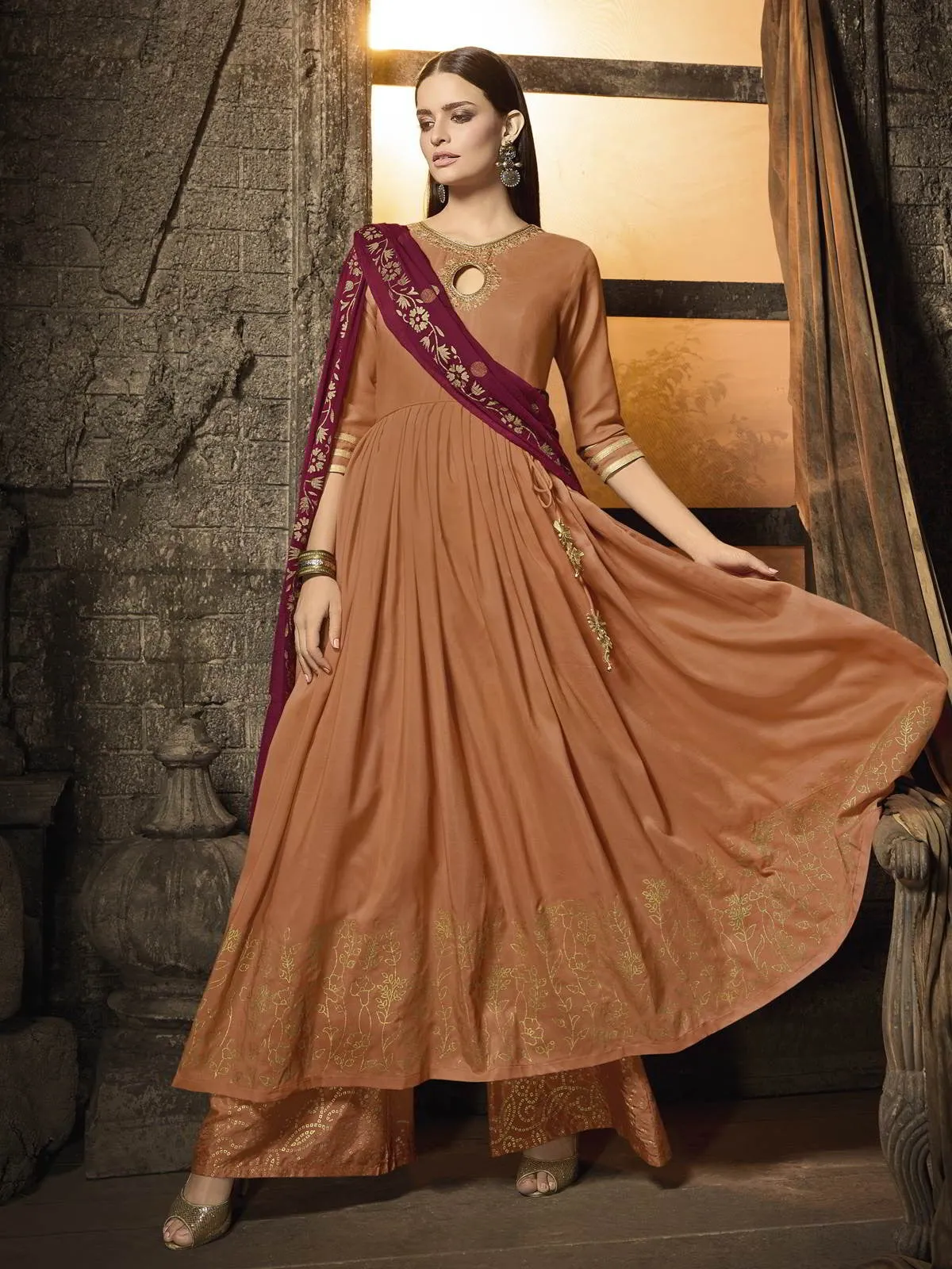 Orange And Maroon Zari Embroidered Pakistani Palazzo Suit