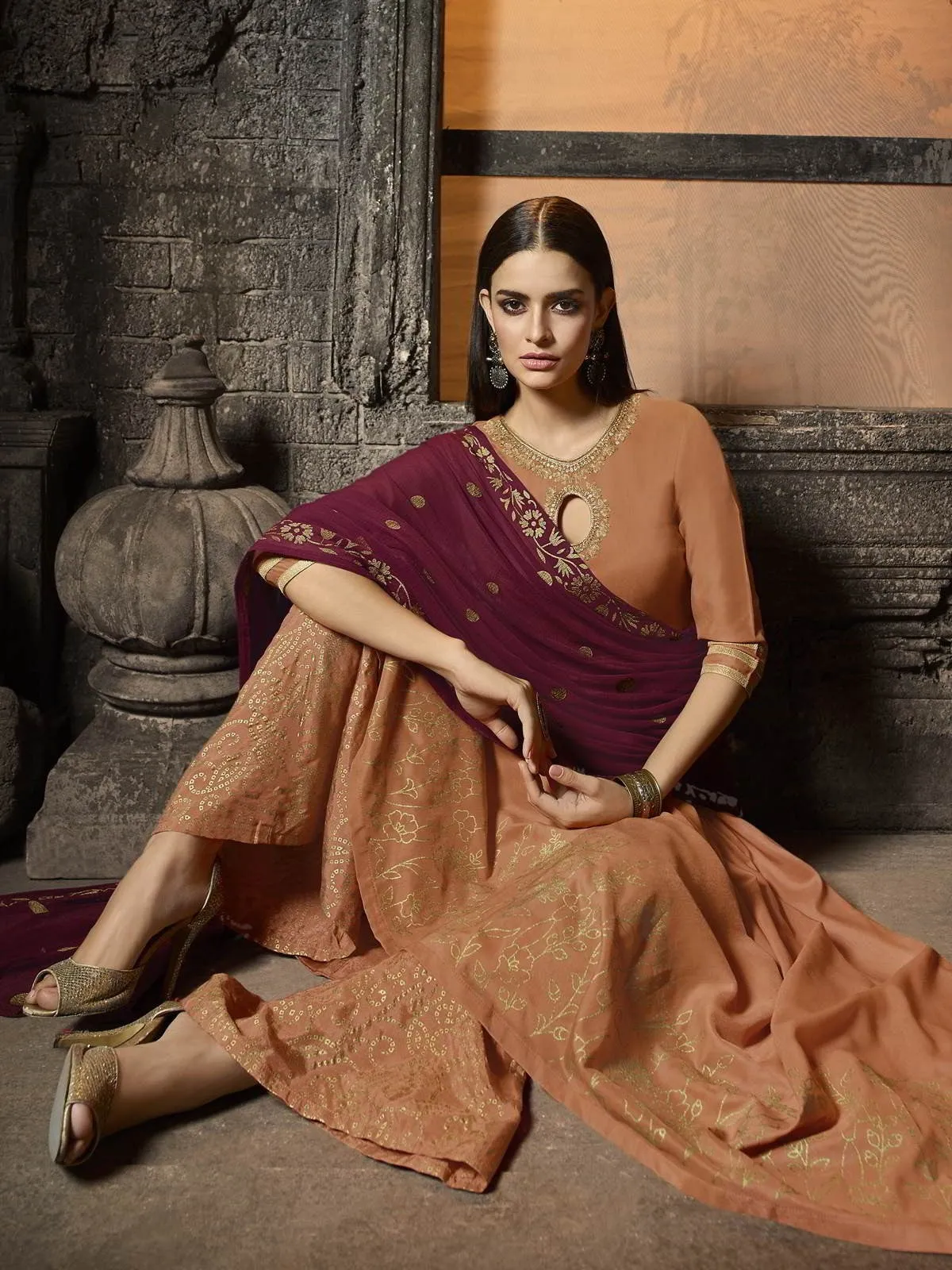 Orange And Maroon Zari Embroidered Pakistani Palazzo Suit