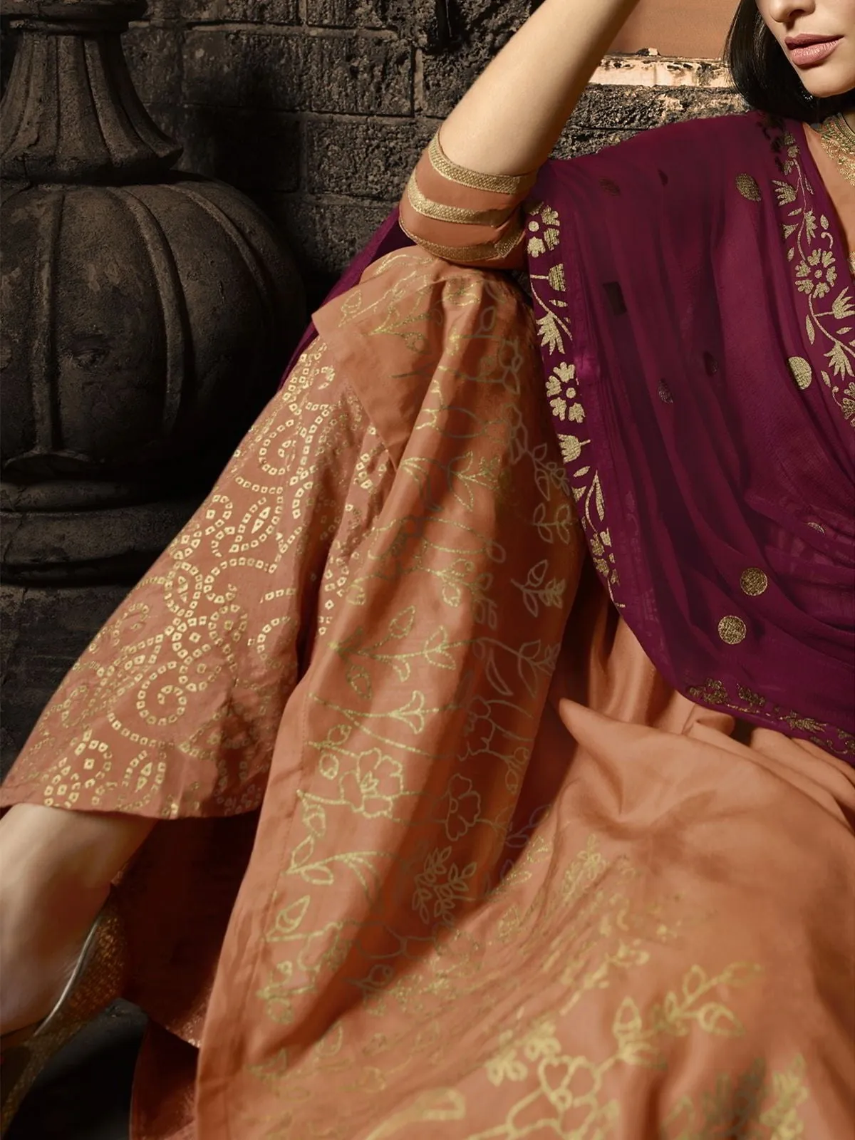Orange And Maroon Zari Embroidered Pakistani Palazzo Suit