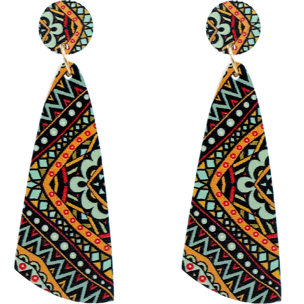 Orange Multicolor Zigzag Geometric Wooden Earrings