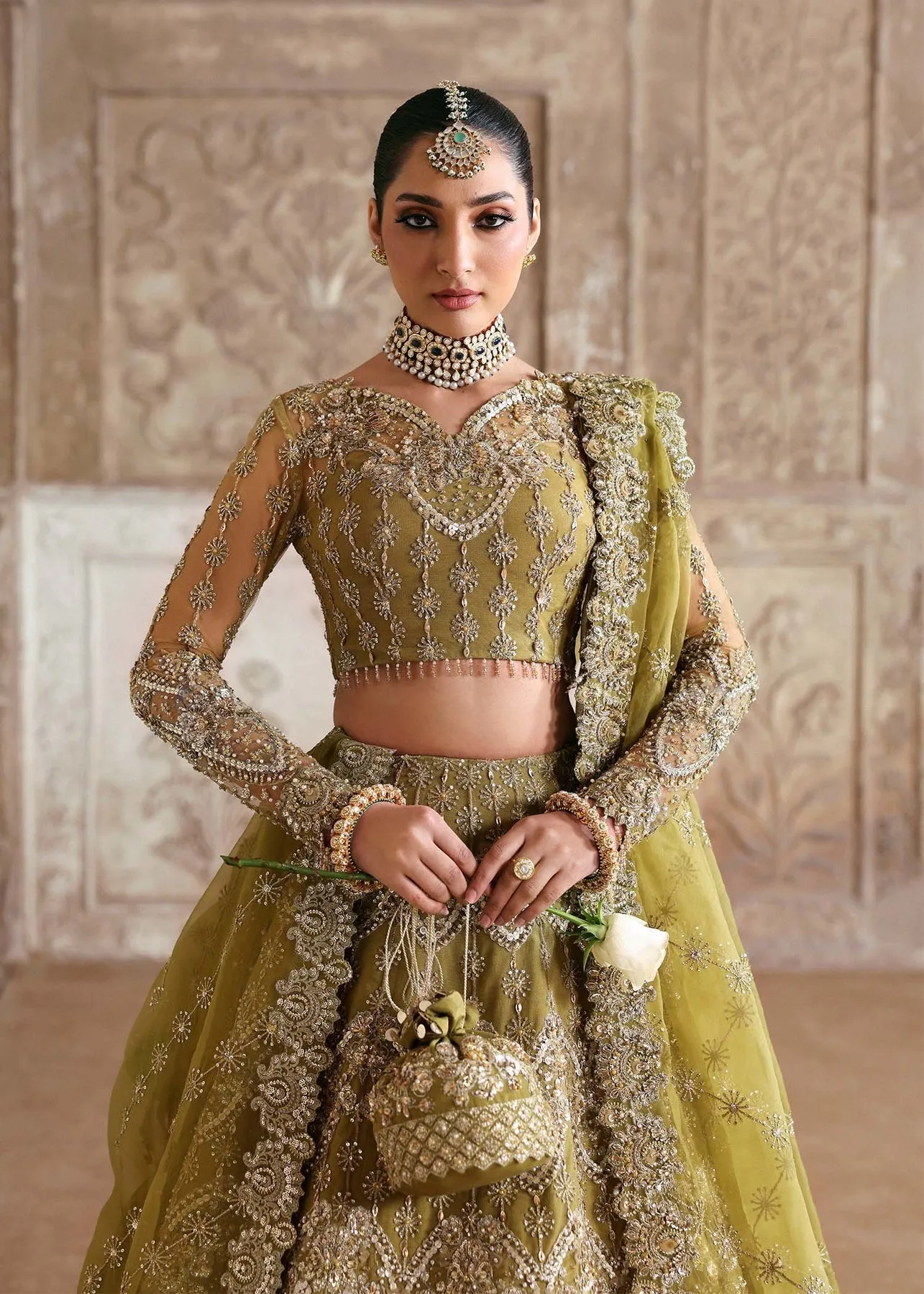 Pakistani Bridal Dress in Green Choli Lehenga Style