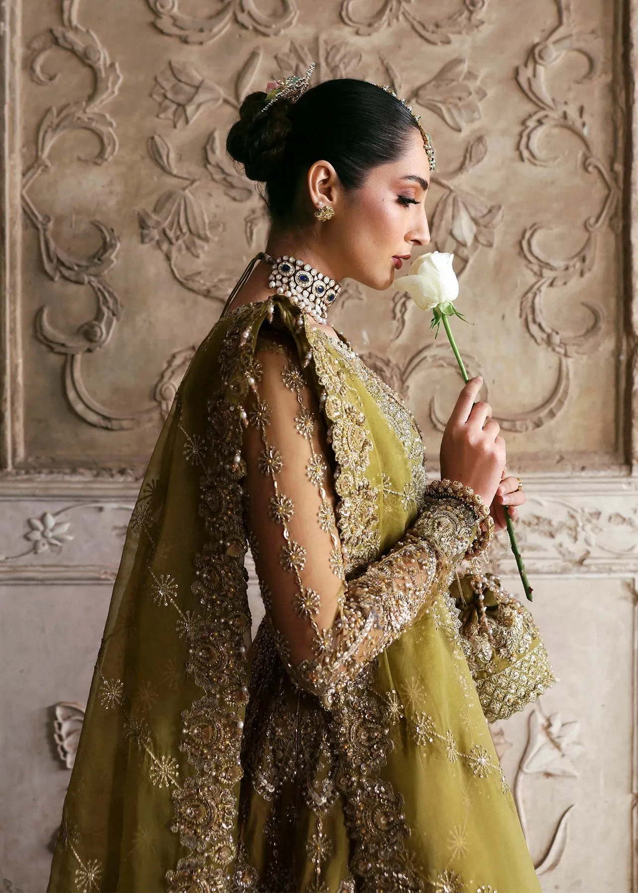 Pakistani Bridal Dress in Green Choli Lehenga Style