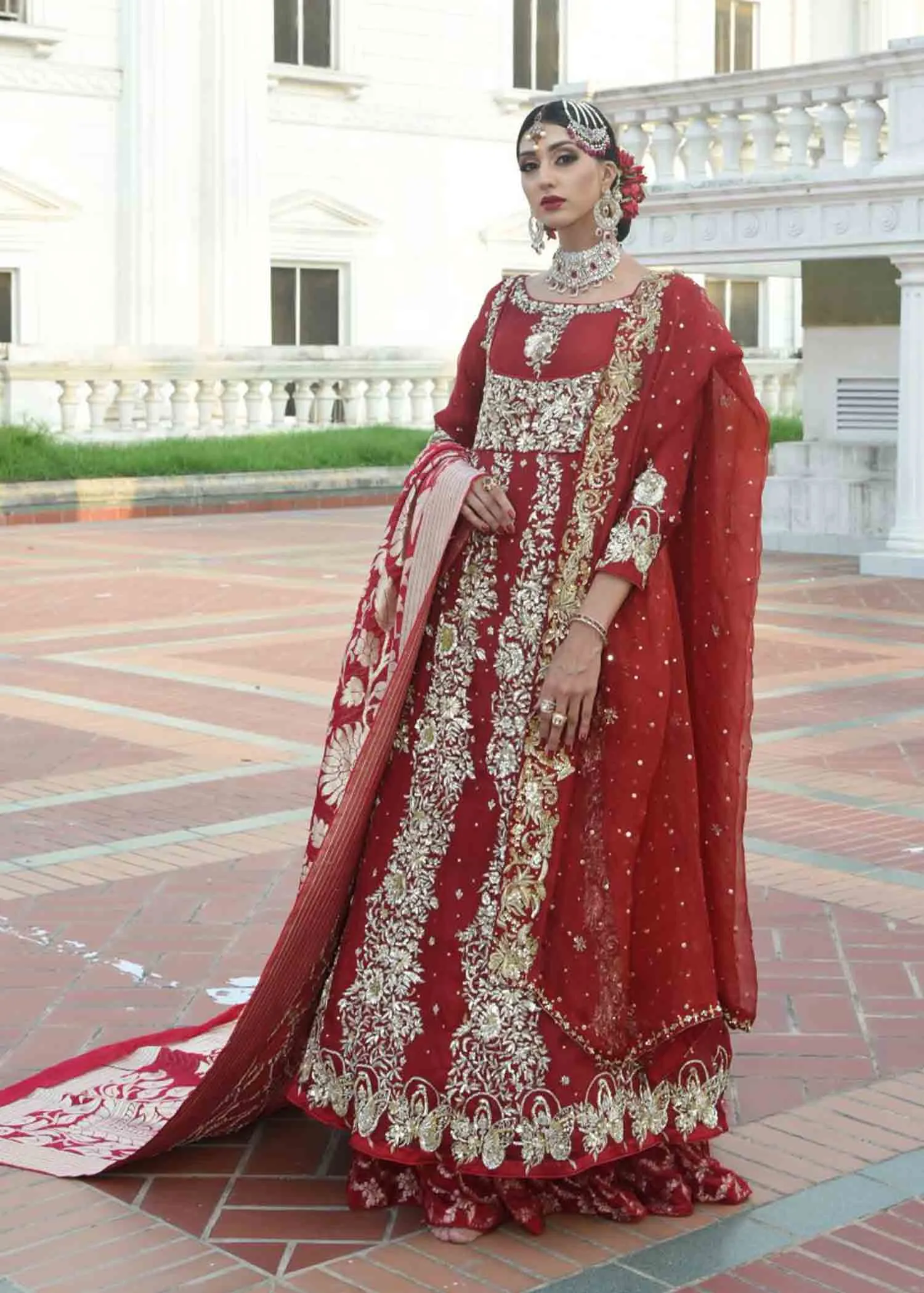 Pakistani Bridal Pishwas with Red Lehenga Dress #BS750