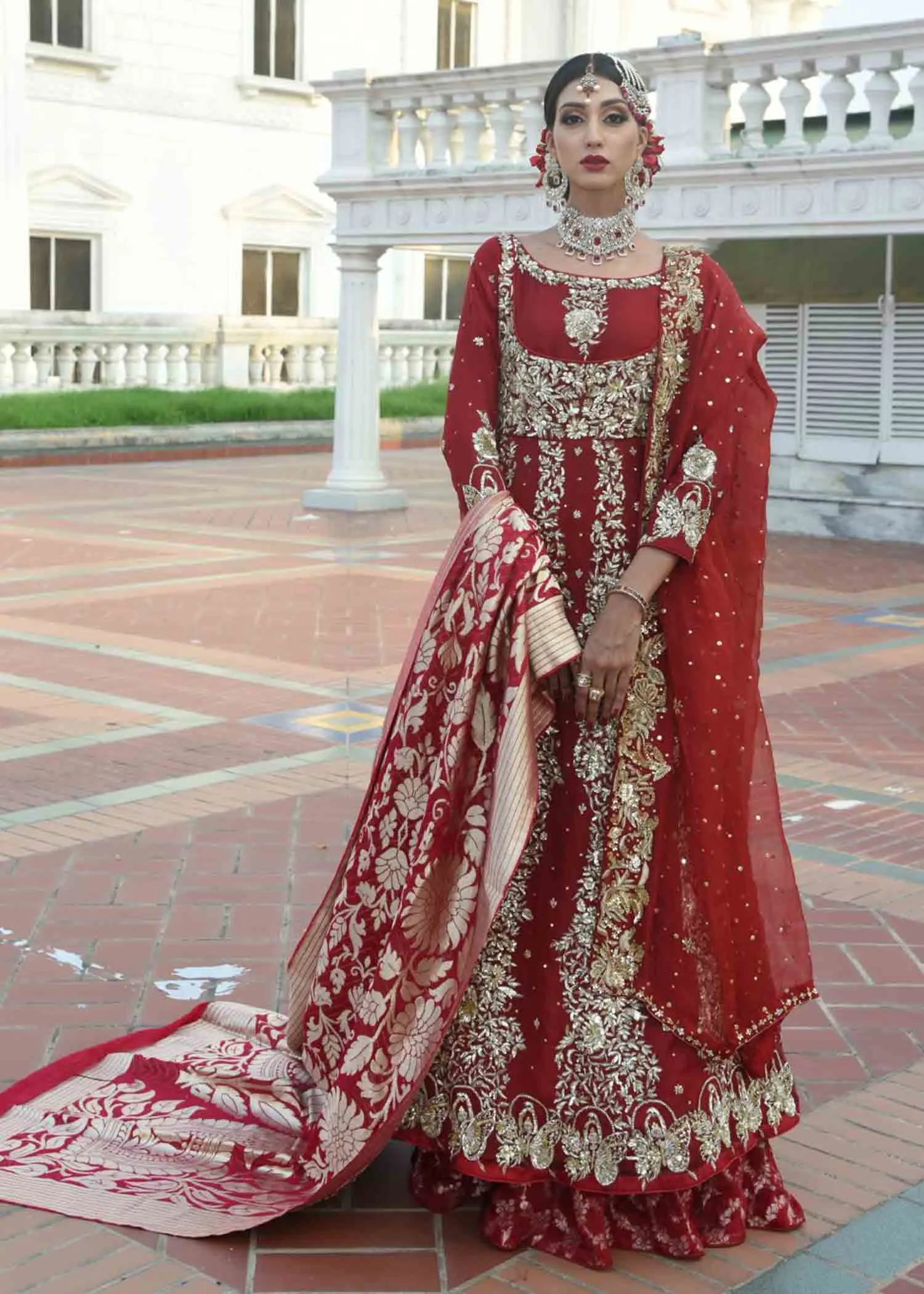 Pakistani Bridal Pishwas with Red Lehenga Dress #BS750