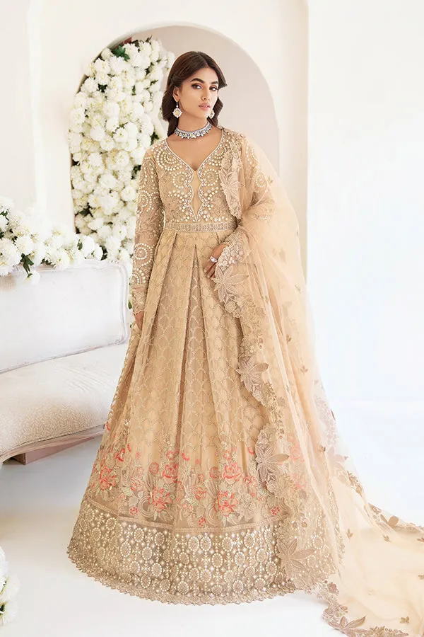 Pakistani Party Dress in Embroidered Pishwas Frock with Trousers and Net Dupatta Style
