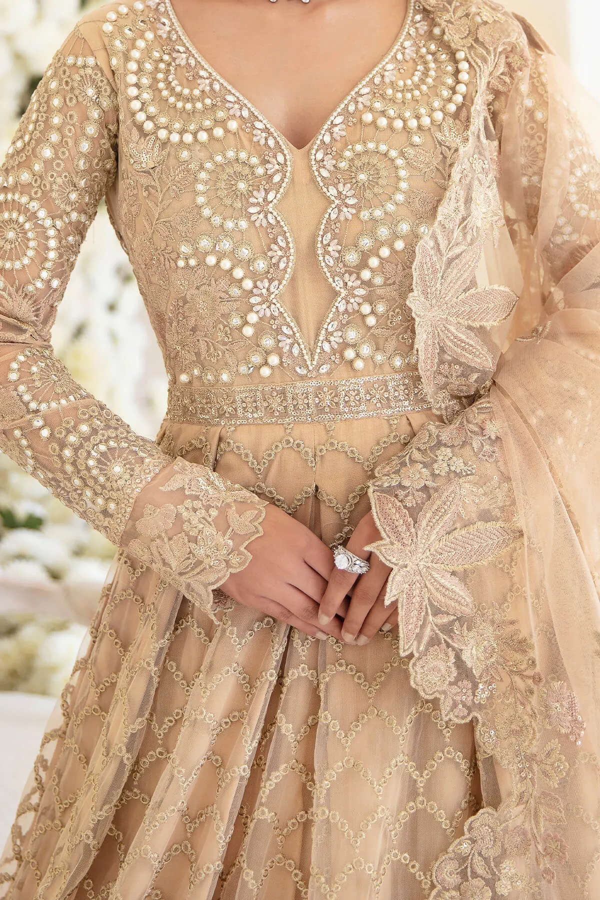 Pakistani Party Dress in Embroidered Pishwas Frock with Trousers and Net Dupatta Style