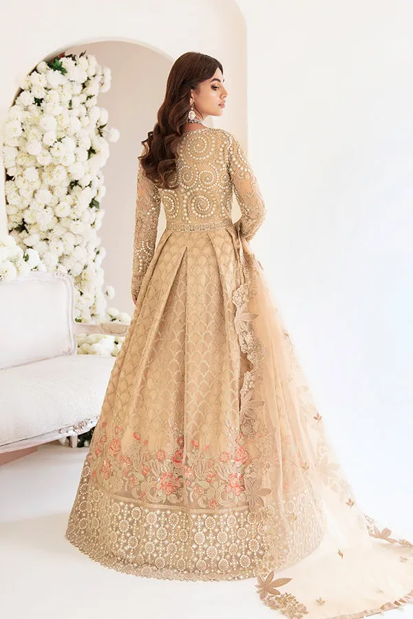 Pakistani Party Dress in Embroidered Pishwas Frock with Trousers and Net Dupatta Style