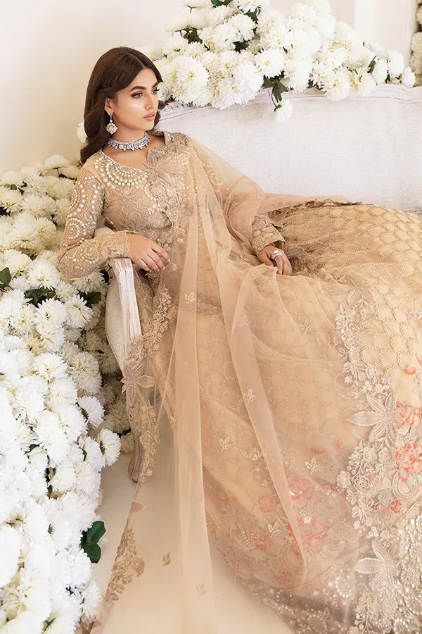 Pakistani Party Dress in Embroidered Pishwas Frock with Trousers and Net Dupatta Style