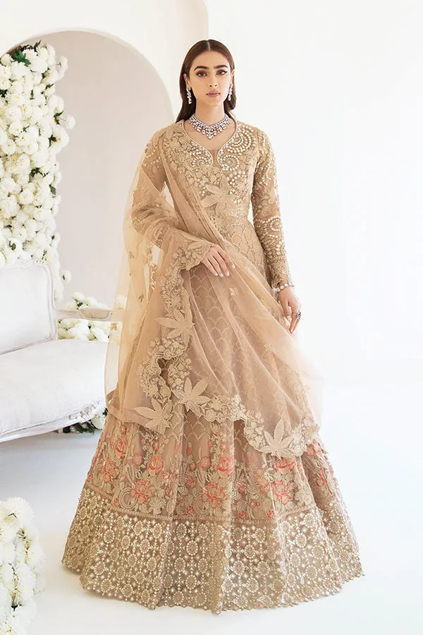 Pakistani Party Dress in Embroidered Pishwas Frock with Trousers and Net Dupatta Style