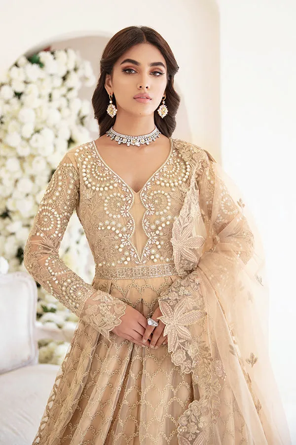 Pakistani Party Dress in Embroidered Pishwas Frock with Trousers and Net Dupatta Style