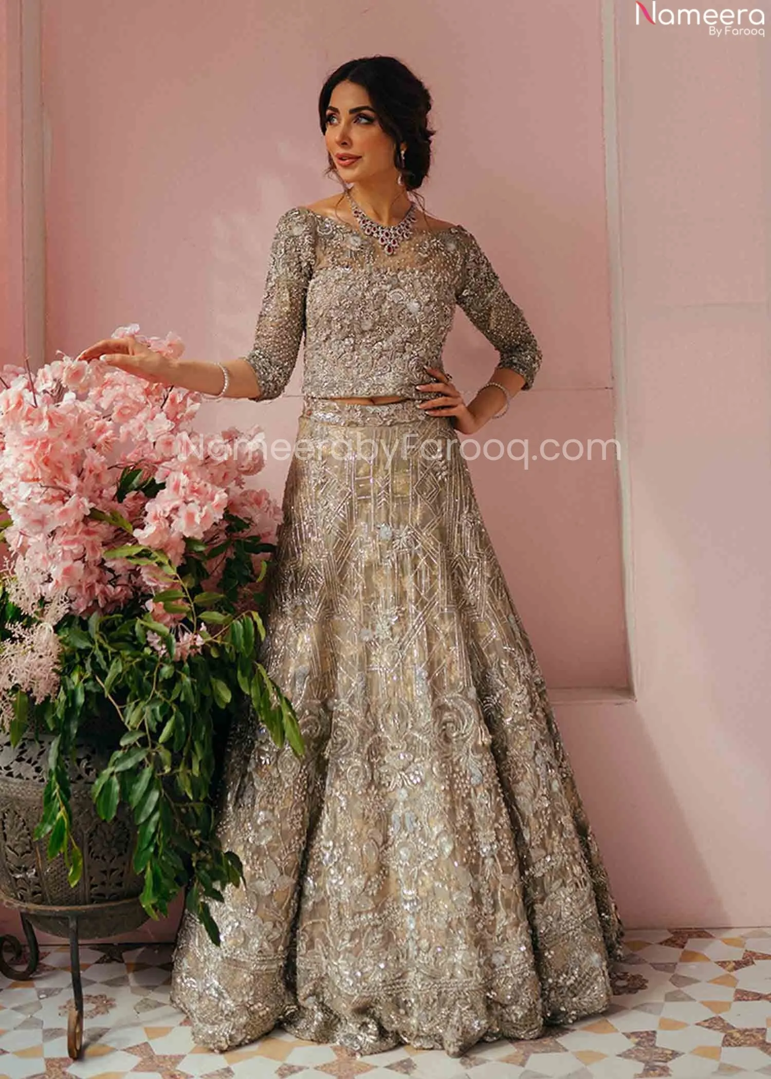 Pakistani Silver Lehenga Skirt & Choli for Bride #BN954