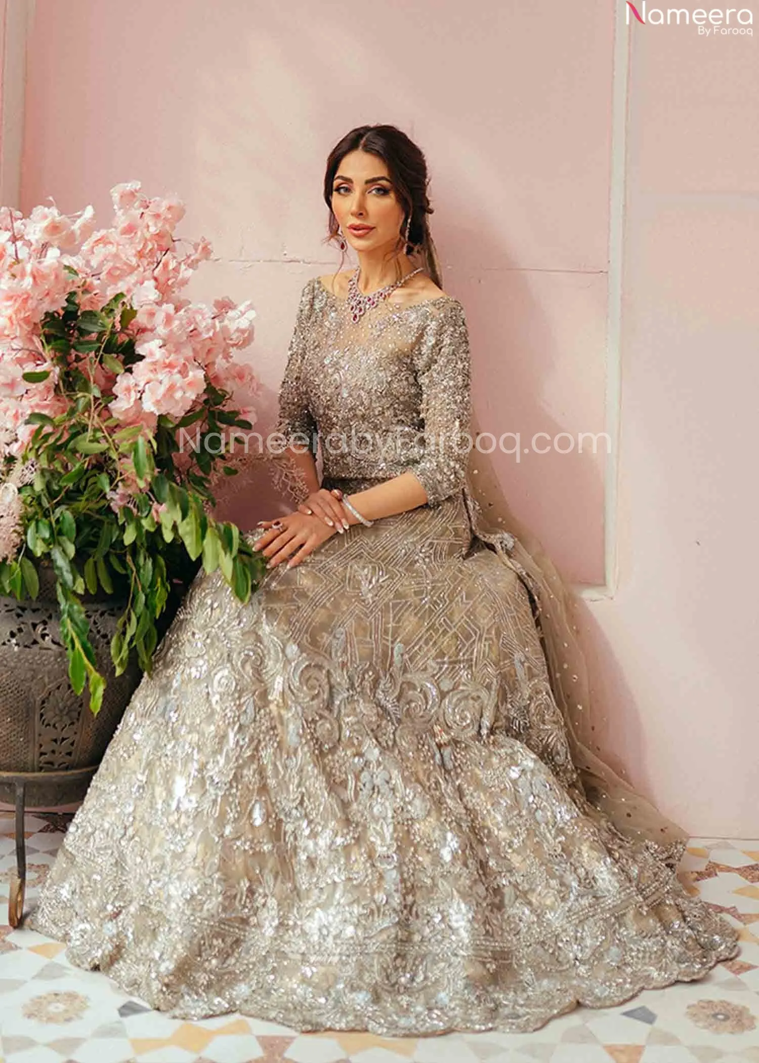 Pakistani Silver Lehenga Skirt & Choli for Bride #BN954