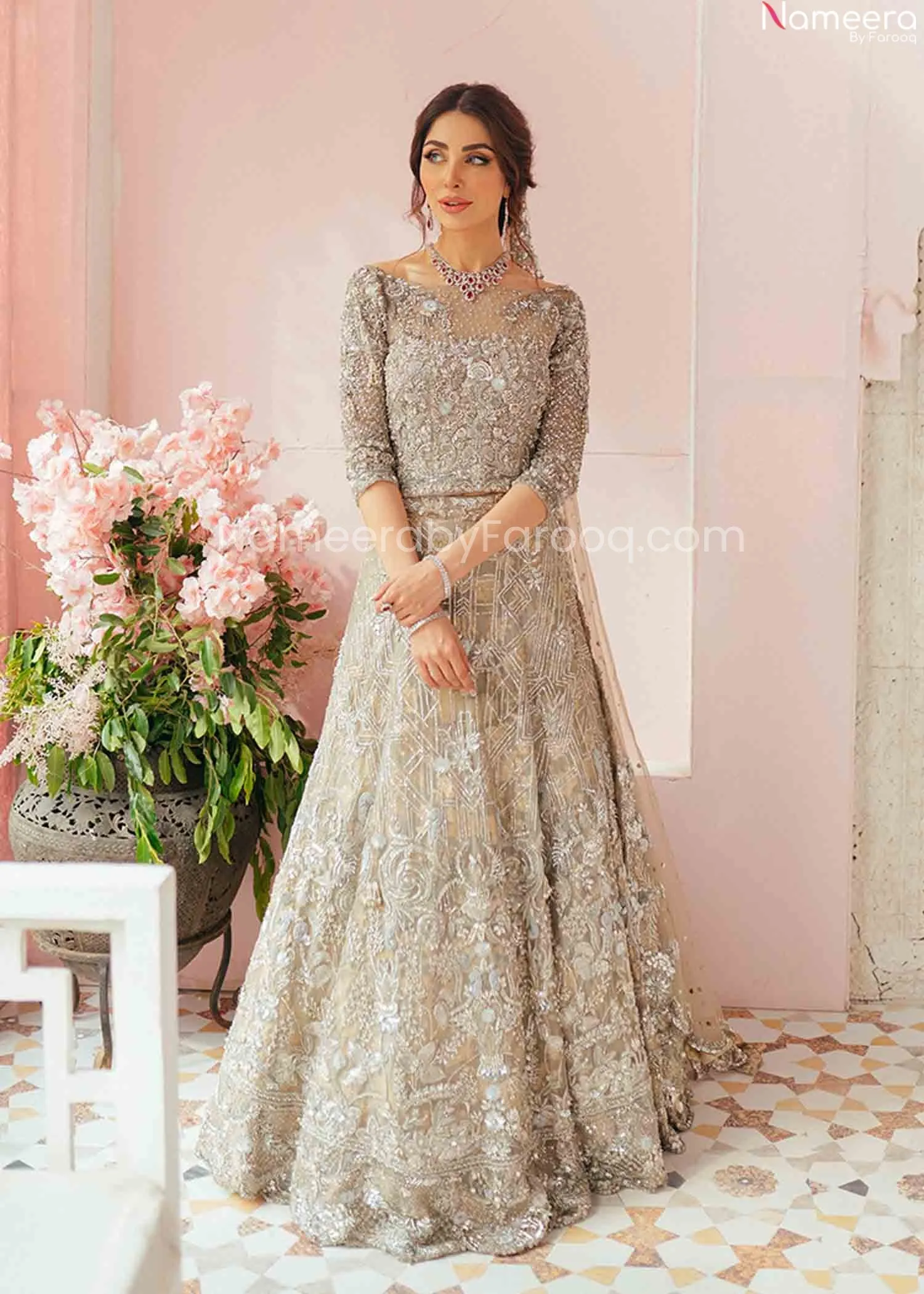 Pakistani Silver Lehenga Skirt & Choli for Bride #BN954