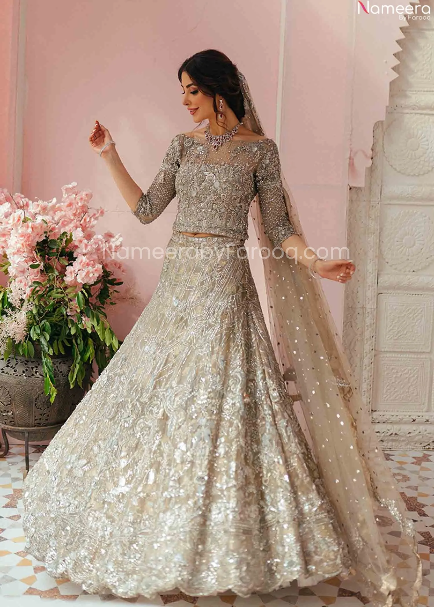 Pakistani Silver Lehenga Skirt & Choli for Bride #BN954