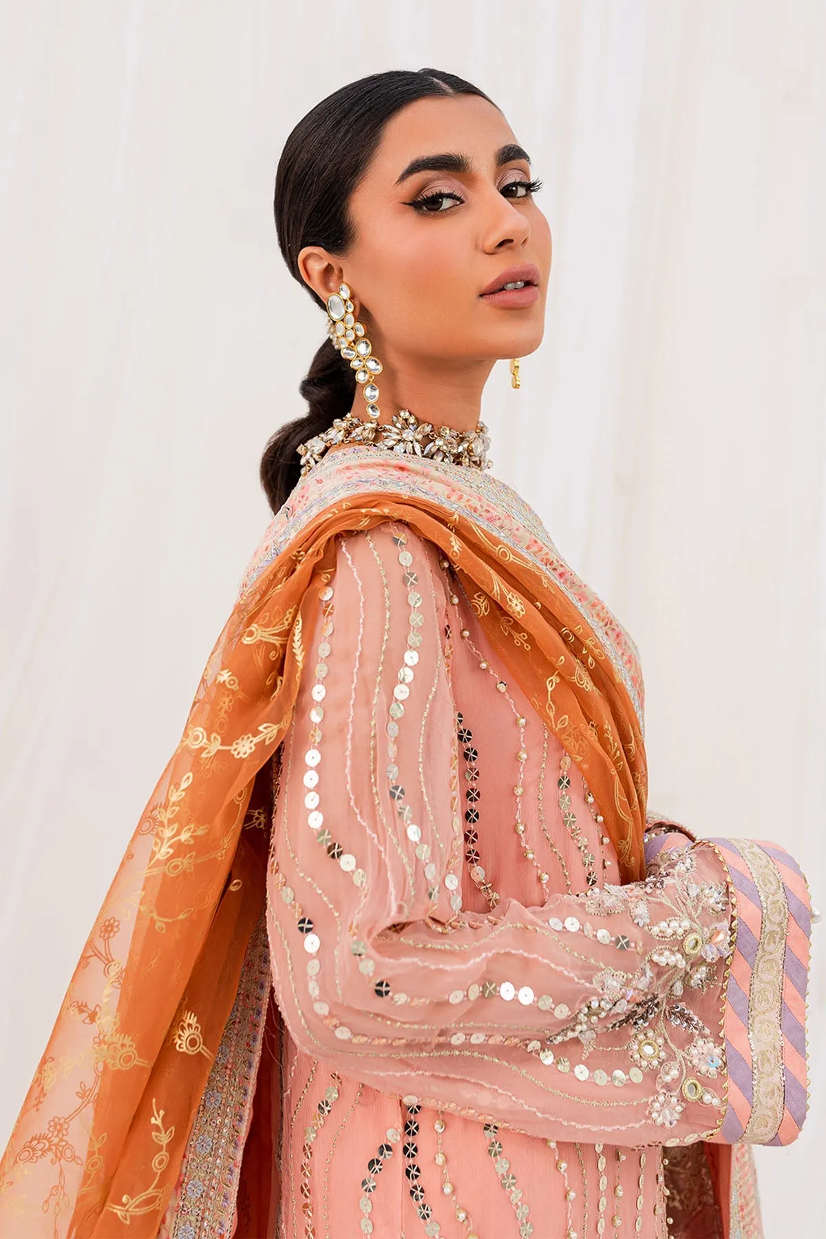 Pakistani Wedding Dress Heavily Embroidered Peach Kameez Sharara