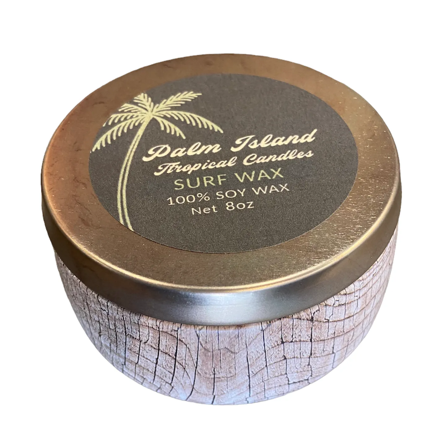 Palm Island Candle Co. 8oz Wood Print Metal Tin - Surf Wax Scent