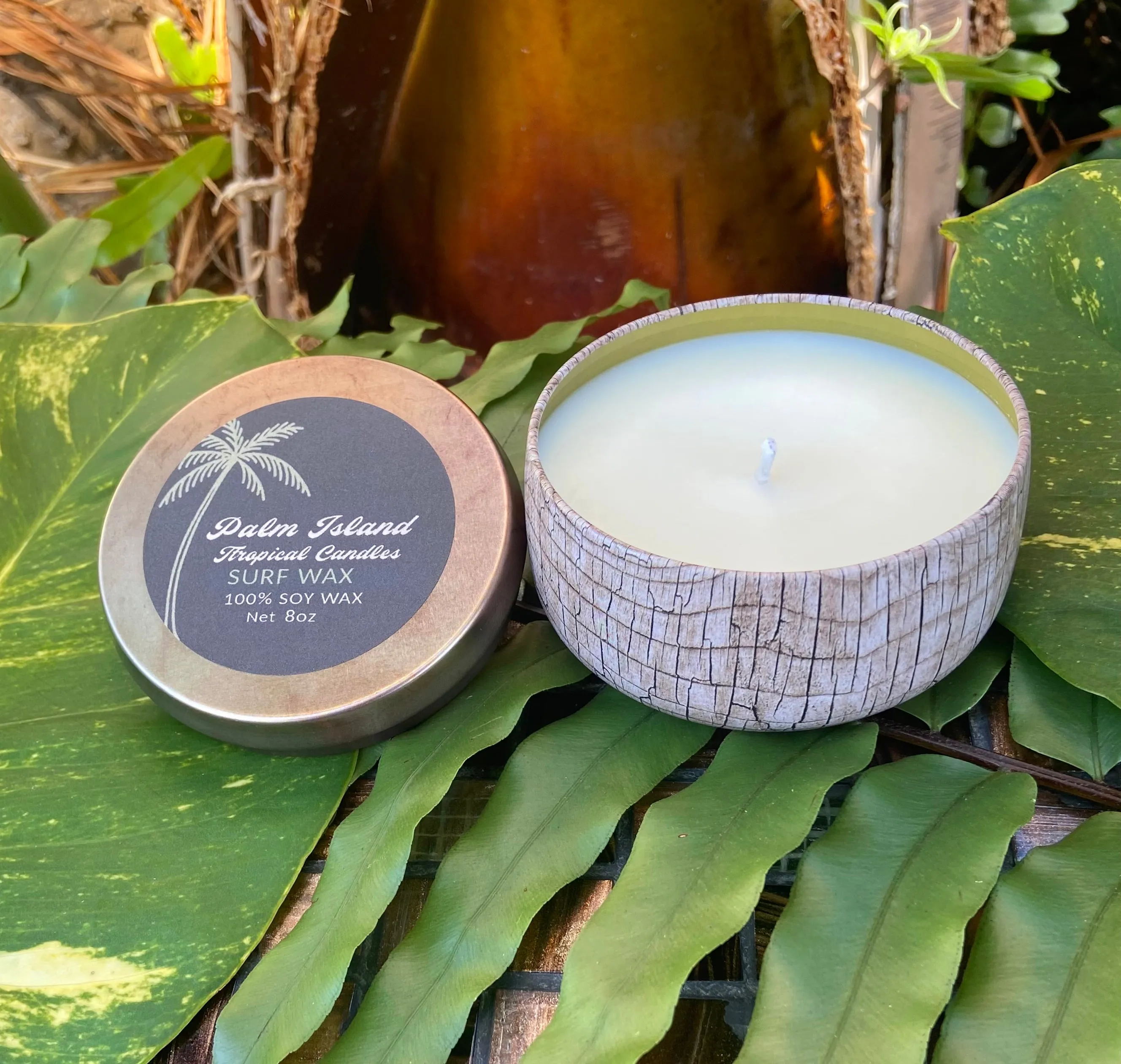 Palm Island Candle Co. 8oz Wood Print Metal Tin - Surf Wax Scent