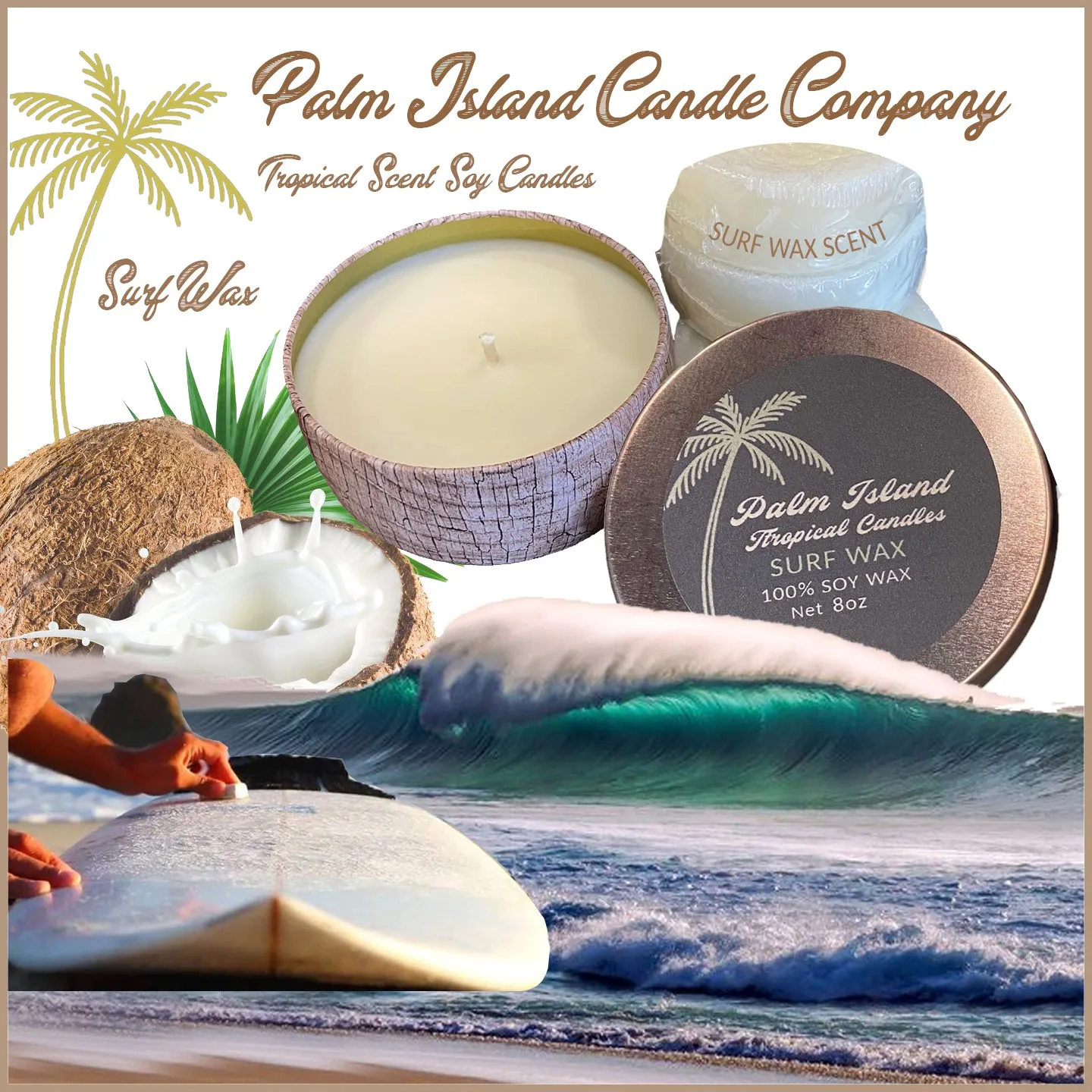 Palm Island Candle Co. 8oz Wood Print Metal Tin - Surf Wax Scent