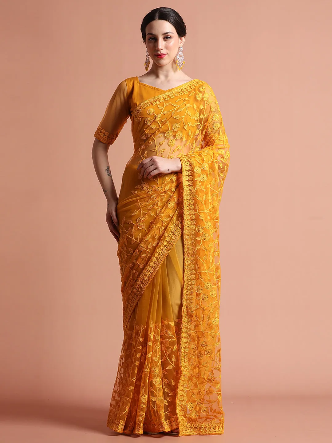 Party Wear Floral Embroidered Net Mustard Saree