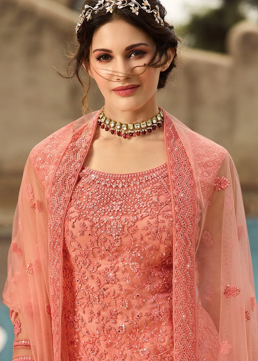 Peach Embroidered Pakistani Gharara Suit