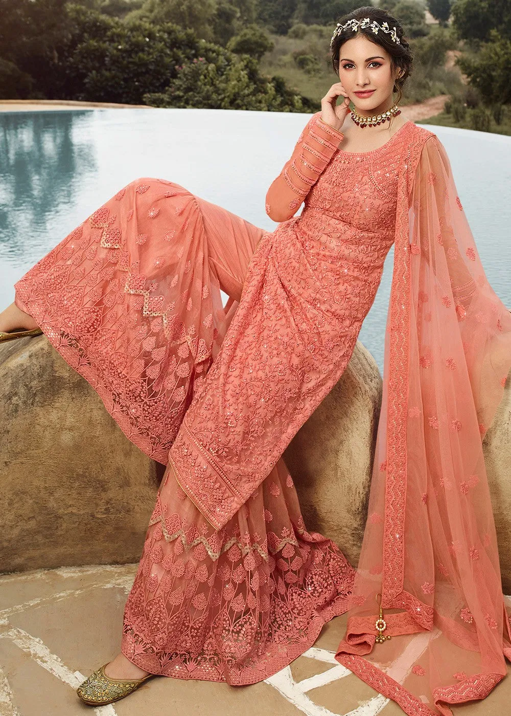 Peach Embroidered Pakistani Gharara Suit